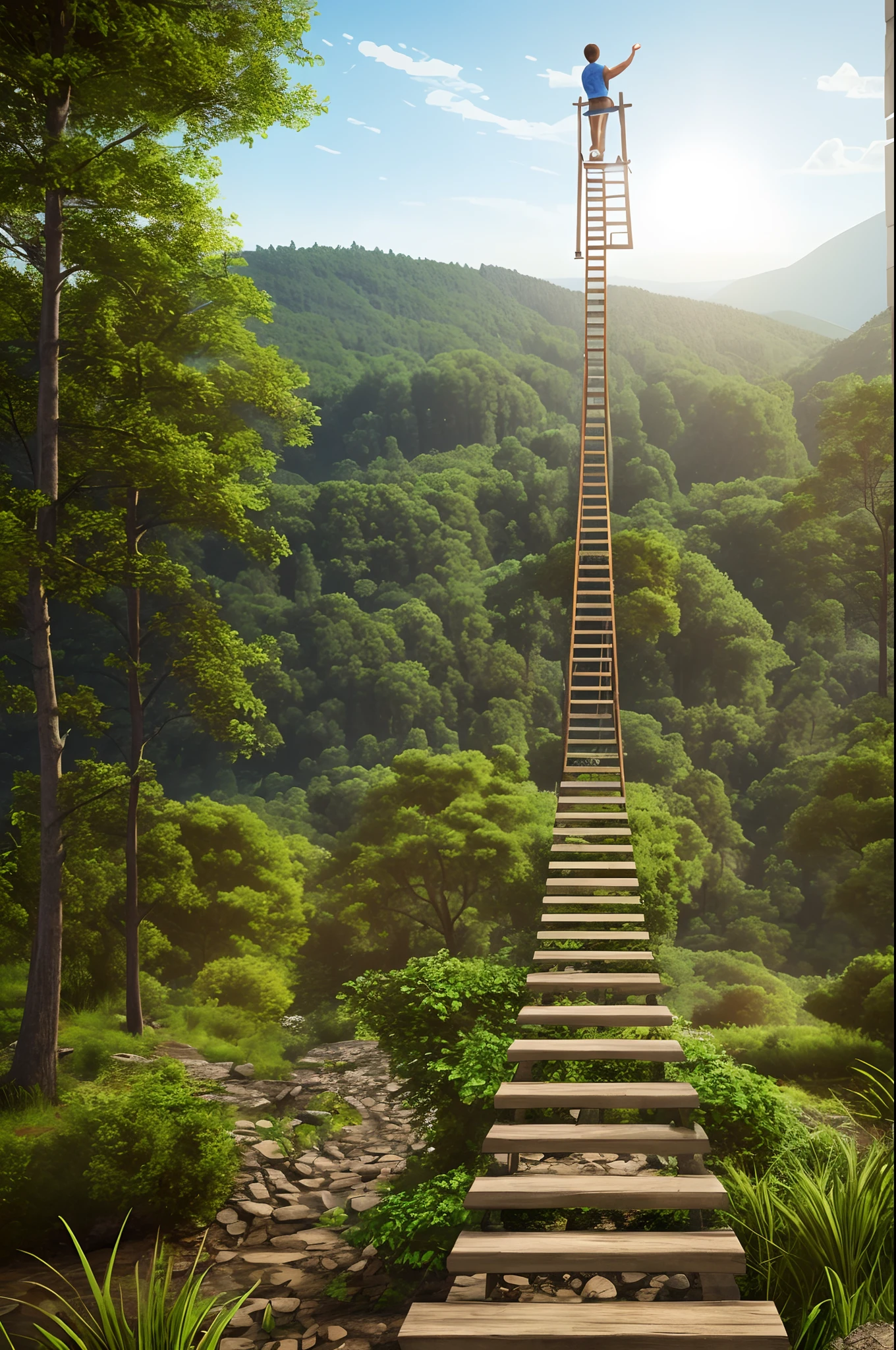 Craft a hyper-detailed 3D image that visually illustrates progress and personal transformation. Show a 3D person climbing a symbolic ladder, with each step representing a milestone in the journey of overcoming. The top of the ladder should shine as a goal achieved. The image should have a cinematic style and be realistic.