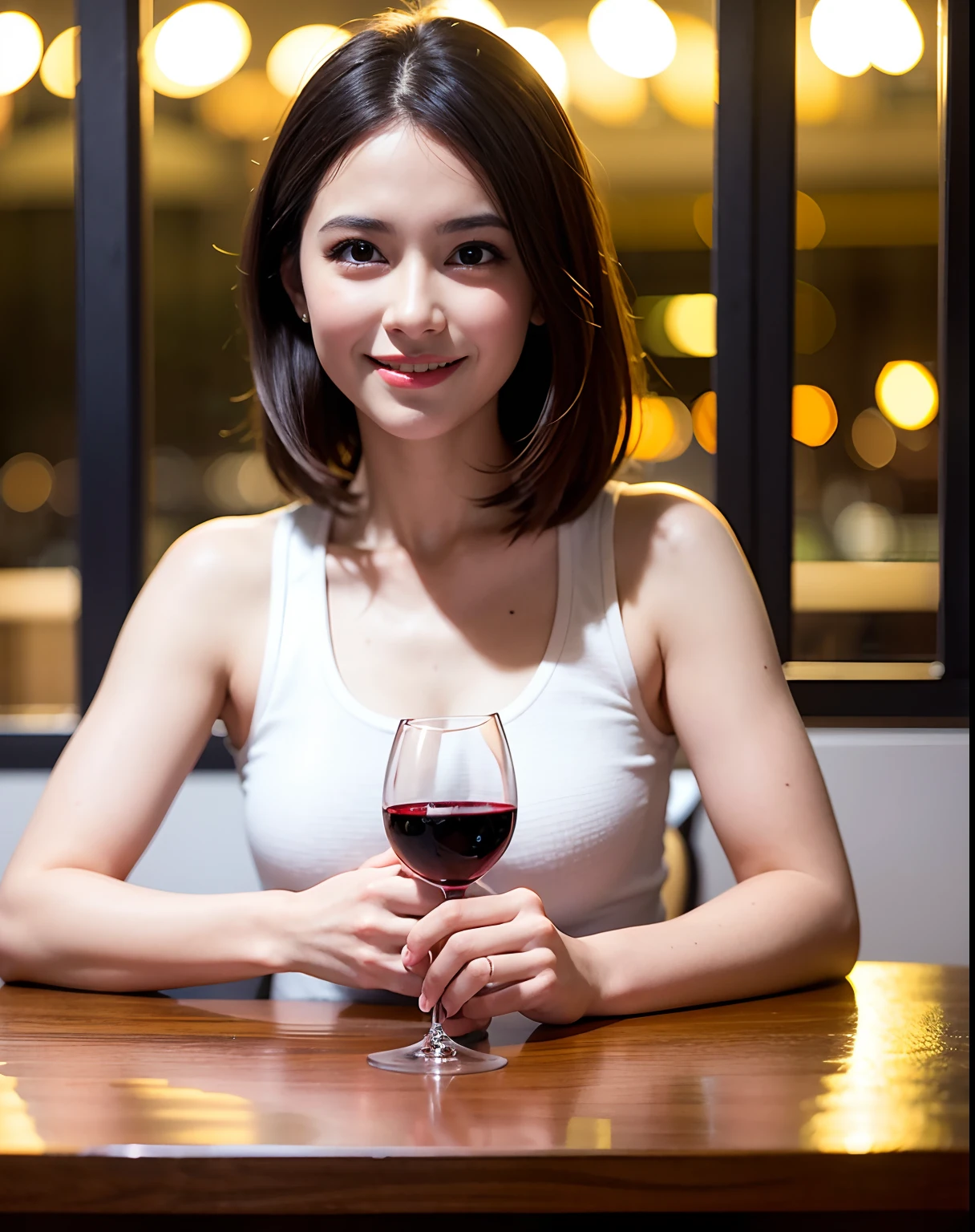 (64K, UHD, top quality, masterpiece: 1.2), (realistic, photorealistic: 1.37), super detailed, pretty woman 1 person, (slim face), (slim body), (brown hair), (short cut), cheeks slightly blushing, (39 years old), 38 years old, solo, beautiful detailed urban night view outside the window, restaurant, wine glass sitting, night, in a prominent place (from the waist up) NovaFrogStyle, Actress, Model, Waist Up, White Wine, Slim, Wine Glass, Super Clean Night View, Wine Glass Put in the Middle, Happy Smile, (Smile: 1.15), Beautiful Fine Eyes, Upper Body, Bust Japan Up, Night, Short, Short, Actress, Model, Waist Up, White Wine, Slim, Wine Glass, Super Clean Night View, Wine Glass Put in the Middle, Happy Smile,