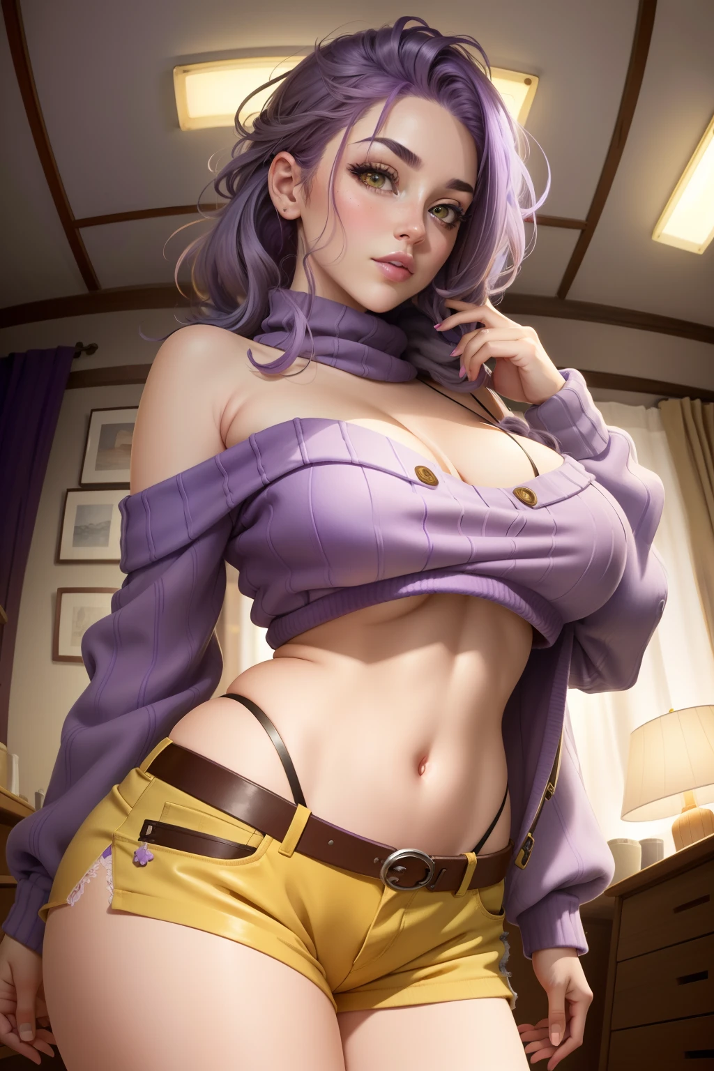 (), big boobs,(masterpiece), best quality, extremely detailed, (watercolor), bloom, delicate and beautiful, illustration, (from below),(1girl:1.4), (solo:1.2), large breasts, (ribbed sweater:1.3), off-shoulder sweater, (short shorts:1.2), bare shoulders, (underboob), beautiful eyes, (disheveled hair ), photography, over-the-shoulder shot, by Alex Maleev, professional, canon camera, nikon camera, sharp, bokeh, studio quality, fisheye lens, by Robert Capa , (((detailed purple hair, detailed yellow eyes))), big boobs, boob sag, boob squish, lip bite, cross eyes looking up