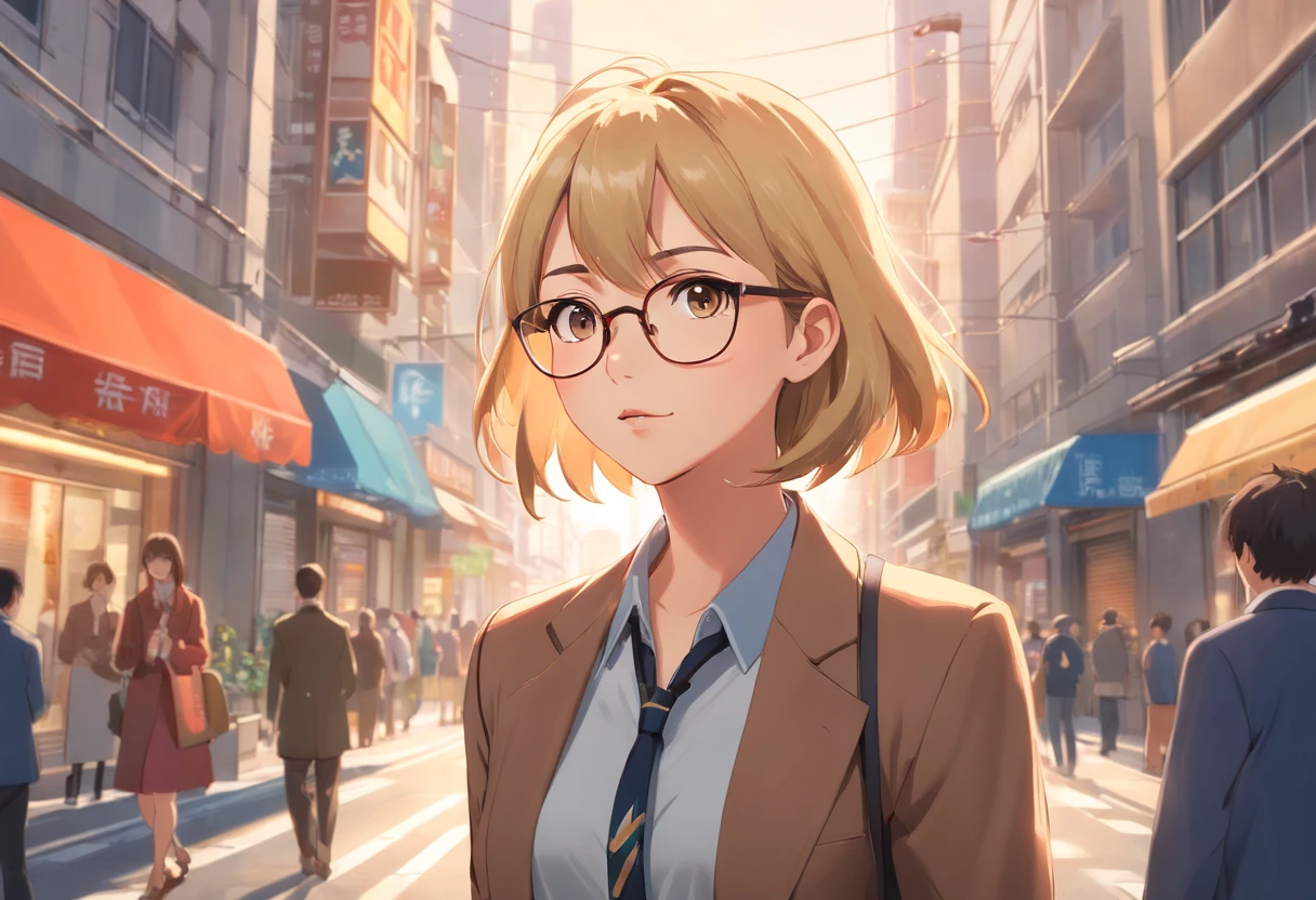 (best quality,4k,8k,highres,masterpiece:1.2), ultra-detailed, (realistic,photorealistic,photo-realistic:1.37), surprised faces, a 25-year-old man and woman looking at each other, standing still, both of them are surprised, only the two of them. The man with black hair, not wearing glasses and wearing a suit, the woman wearing a brown dress, blonde hair and glasses, in the middle of the city. Medium with the use of illustrations, fine art, or 3D rendering. Additional details include busy streets with people passing by, tall buildings in the background, vibrant colors to enhance the overall scene. Lighting should be natural and well-balanced with soft sunlight illuminating the scene.