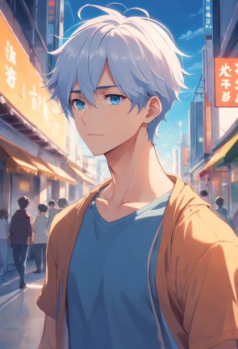 Handsome man , with very short hair , short trendy hair style , he has white hair , blue eyes , lean body type , toned and muscular
