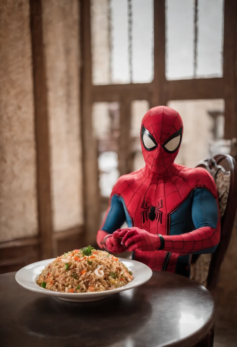 Cinematographer, ultra realista, Ropa detallada, Bellamente detallado, UHD, HDR, Altas Resoluciones, ultra detallado, Detalles intrincados, Efectos texturales, absurdos, obra maestra, 8k:1.2. En esta imagen, vemos a Spider-Man en un inusual descanso de sus actividades heroicas. He's standing in a chic Asian restaurant in his iconic costume........................... Spider-Man holds a bowl of Chinese fried rice mixed with oriental stir-fried noodles in his hands skillfully.., usando unos elegantes palillos chinos para llevar un bocado a su boca. The plate is full of fried rice, salteado. The restaurant is decorated with traditional Chinese elements, como linternas rojas colgando del techo y dragones dorados esculpidos en las paredes. The dim light of the lanterns creates a warm and welcoming atmosphere in the place.