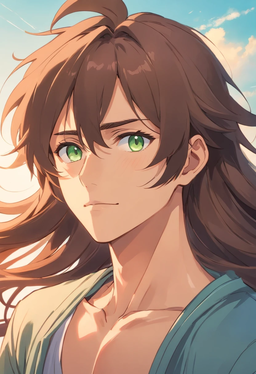 a beautiful man, extremely long hair , brown hair , light green eyes , brown skin, adult male ,Solo, male, skinny , effeminate, full lips , wearing a crop top  , big hair  , wavy hair  , skinny body , has tiger ears