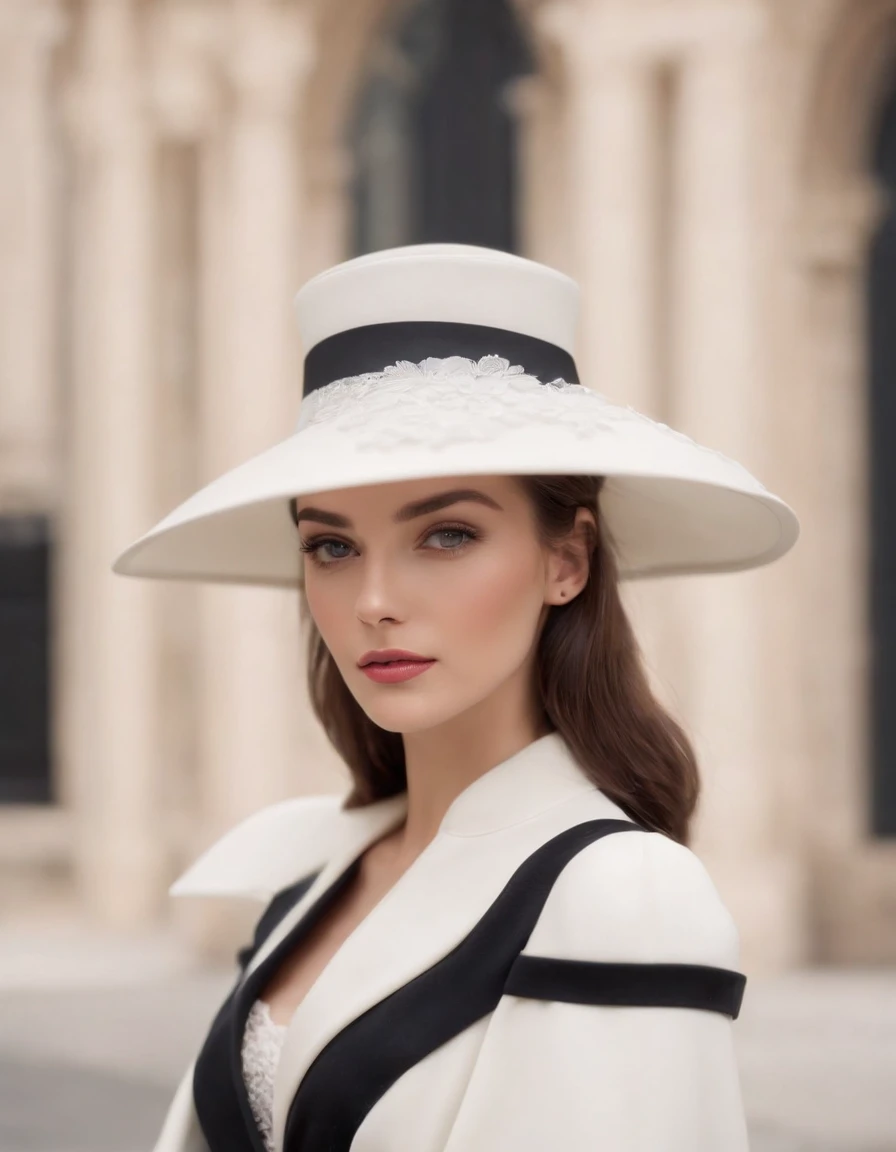 a model wears a black coat and a white hat,beautiful face, in the style of 32k uhd, rococo elegance, vintage-inspired designs, bold curves, ferrania p30, limited color range, magazine cover，upper body