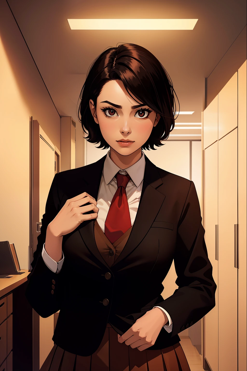 woman, short black hair, wearing a brown office jacket, red tie, brown office skirt, looking at files, no background,