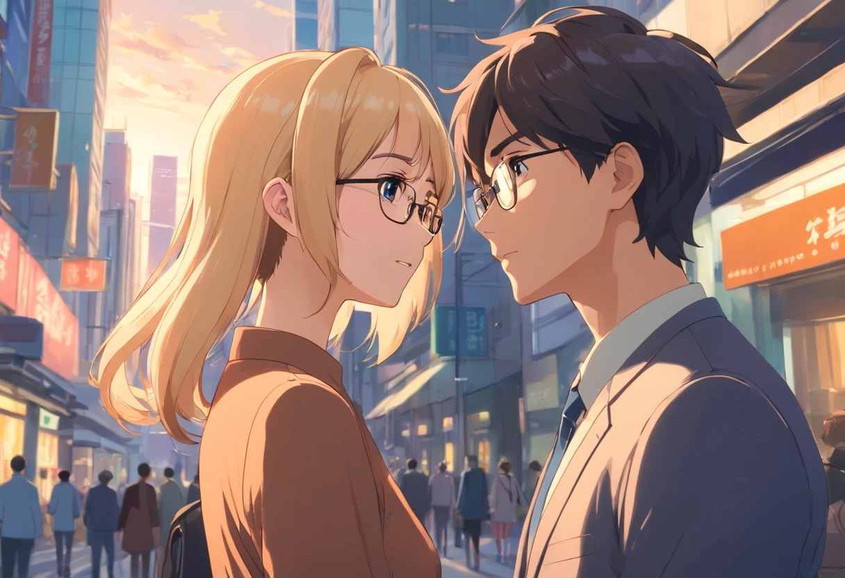 25-year-old man and woman looking at each other in surprise, standing still, Both are surprised, Just the two of them. Woman wearing glasses with blonde hair in brown dress, Dark-haired man without glasses in suit, In the middle of the city.