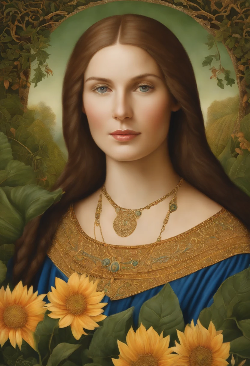 Hildegard of Bingen with her graceful and gentle presence stands at the center of the work. Her facial expression exudes wisdom, love and intelligence. Her smiling and joyful eyes are green in color, detailed and full of depth, attracting the viewer with their intensity. The woman's feminine nose adds to her joyful appearance, emphasizing her soft features. Her lips are beautifully sculpted, subtly suggesting a sense of mystery. The focus on her face and the intricate details of her adds a sense of realism to the portrait of her.

The artwork is created using a combination of traditional oil painting techniques and digital rendering, resulting in a visually stunning medium. The rich textures of the brushstrokes and meticulous attention to detail highlight the depth and complexity of the subject.

Around Hildegard, more elements add depth to the composition. In the background, a beautifully landscaped garden showcases lush greenery and vibrant flowers, creating a serene and captivating atmosphere. The artist's attention to detail is reflected in every blade of grass and petal, as well as in the play of light and shadow in the scene.

The overall image quality of the artwork is of the highest standards, aiming to achieve a realistic and photorealistic representation. The use of high-resolution techniques, such as 4K or 8K, ensures that every aspect of the artwork is presented with impeccable clarity and sharpness.

The color palette of the artwork is carefully selected to enhance the overall mood and atmosphere. Soft, natural tones are used to create a harmonious and balanced composition, while vibrant pops of color in the flowers and foliage add visual interest and a pop of vibrancy.

The lighting in the artwork is meticulously crafted to illuminate the subject and highlight its features. The use of studio lighting techniques ensures that the man's face is expertly illuminated, with the play of light and shadow accentuating his strong contours and creating a sense of
