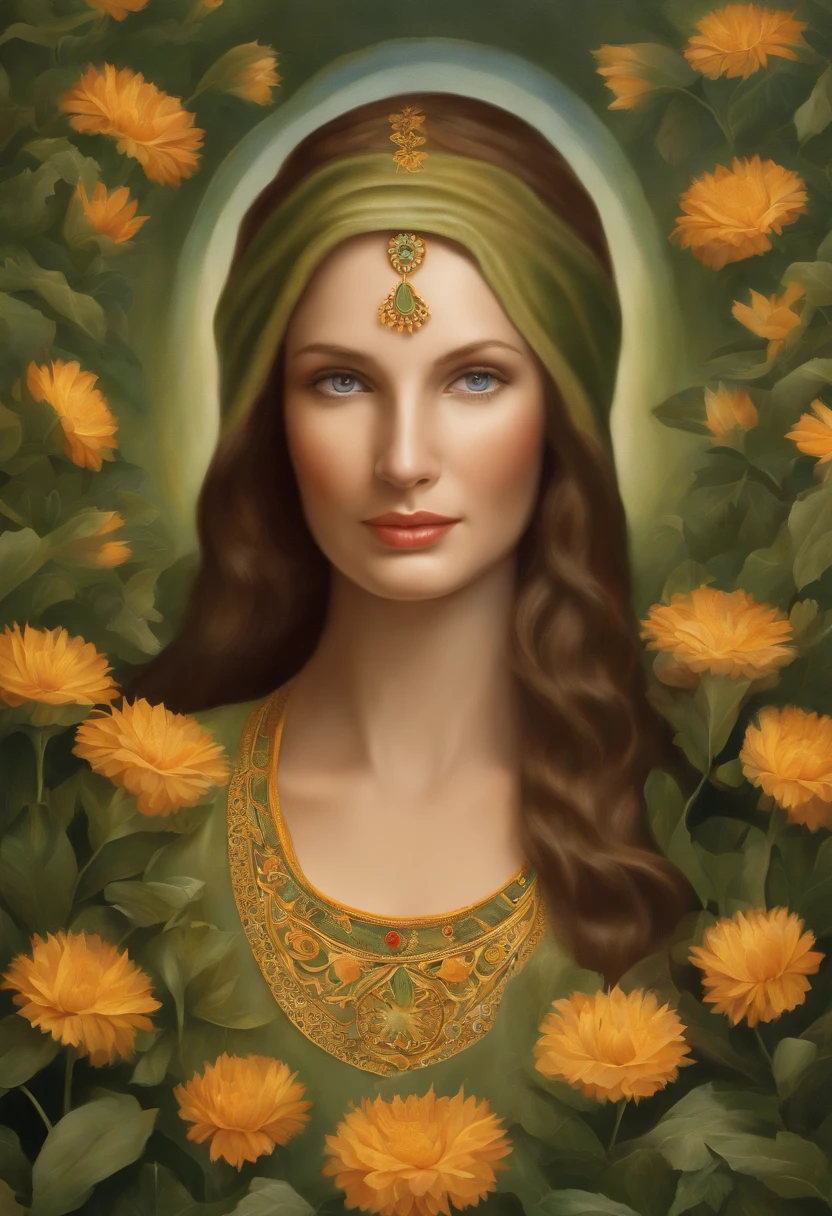 Hildegard of Bingen with her graceful and gentle presence stands at the center of the work. Her facial expression exudes wisdom, love and intelligence. Her smiling and joyful eyes are green in color, detailed and full of depth, attracting the viewer with their intensity. The woman's feminine nose adds to her joyful appearance, emphasizing her soft features. Her lips are beautifully sculpted, subtly suggesting a sense of mystery. The focus on her face and the intricate details of her adds a sense of realism to the portrait of her.

The artwork is created using a combination of traditional oil painting techniques and digital rendering, resulting in a visually stunning medium. The rich textures of the brushstrokes and meticulous attention to detail highlight the depth and complexity of the subject.

Around Hildegard, more elements add depth to the composition. In the background, a beautifully landscaped garden showcases lush greenery and vibrant flowers, creating a serene and captivating atmosphere. The artist's attention to detail is reflected in every blade of grass and petal, as well as in the play of light and shadow in the scene.

The overall image quality of the artwork is of the highest standards, aiming to achieve a realistic and photorealistic representation. The use of high-resolution techniques, such as 4K or 8K, ensures that every aspect of the artwork is presented with impeccable clarity and sharpness.

The color palette of the artwork is carefully selected to enhance the overall mood and atmosphere. Soft, natural tones are used to create a harmonious and balanced composition, while vibrant pops of color in the flowers and foliage add visual interest and a pop of vibrancy.

The lighting in the artwork is meticulously crafted to illuminate the subject and highlight its features. The use of studio lighting techniques ensures that the man's face is expertly illuminated, with the play of light and shadow accentuating his strong contours and creating a sense of