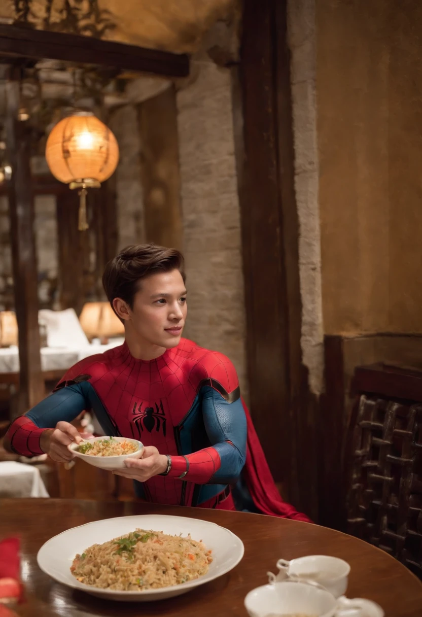 Cinematographer, ultra realista, Ropa detallada, Bellamente detallado, UHD, HDR, Altas Resoluciones, ultra detallado, Detalles intrincados, Efectos texturales, absurdos, obra maestra, 8k:1.2. En esta imagen, vemos a Spider-Man en un inusual descanso de sus actividades heroicas. He's standing in a chic Asian restaurant in his iconic costume............................ Spider-Man holds a bowl of Chinese fried rice mixed with oriental stir-fried noodles in his hands skillfully.., usando unos elegantes palillos chinos para llevar un bocado a su boca. The plate is full of fried rice, salteado. The restaurant is decorated with traditional Chinese elements, como linternas rojas colgando del techo y dragones dorados esculpidos en las paredes. The dim light of the lanterns creates a warm and welcoming atmosphere in the place.