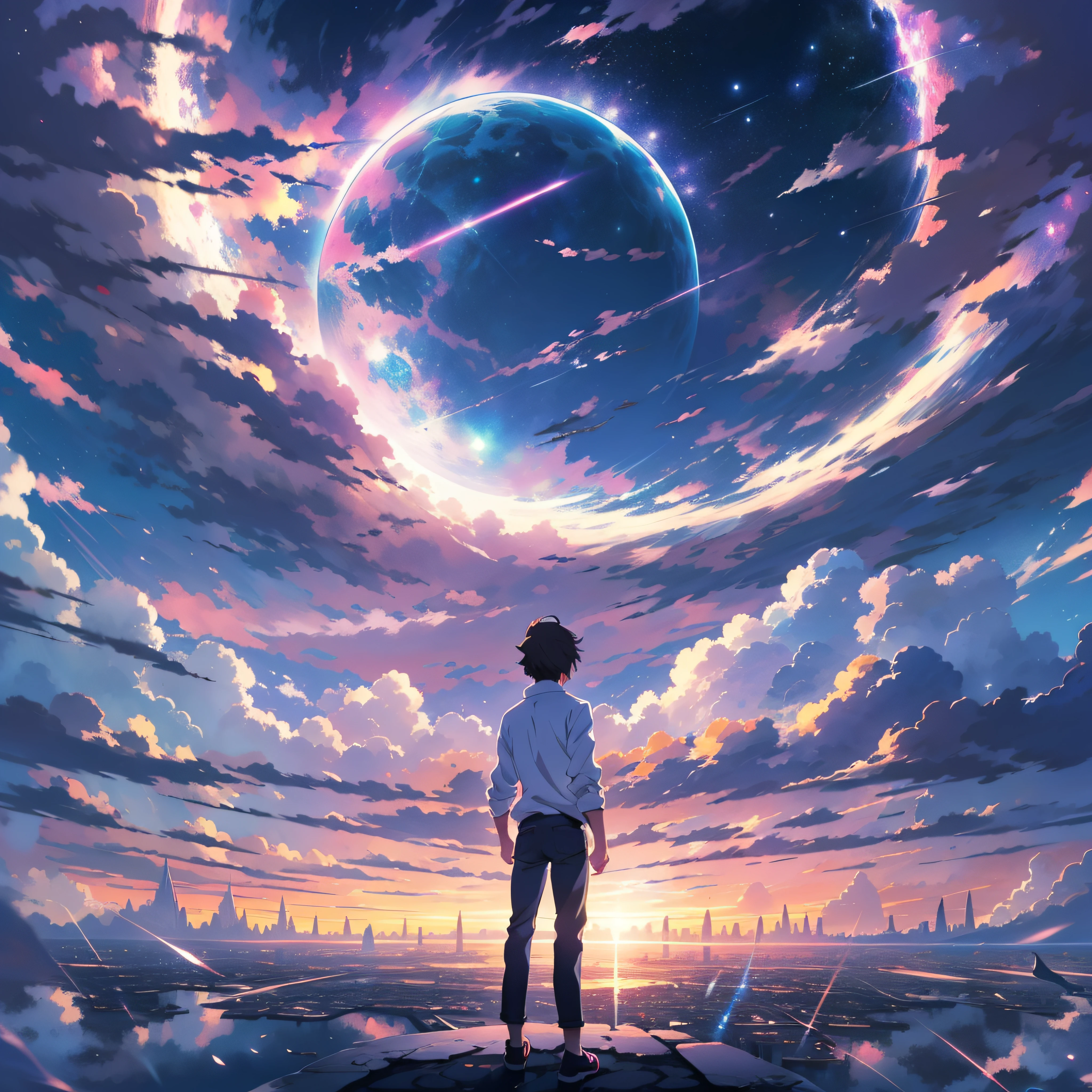 anime - style scene of a beautiful sky with star into circle, cosmic skies, by makoto shinkai, anime art wallpaper 4k, meteor fall, fly, anime art wallpaper 4 k, anime art wallpaper 8 k, anime wallpaper 4k, anime wallpaper 4 k, 4k anime wallpaper, anime sky, amazing wallpaper, anime background, anime background art, reflection, quantum transisition, white shirt, black jeans, center of cyborg city.