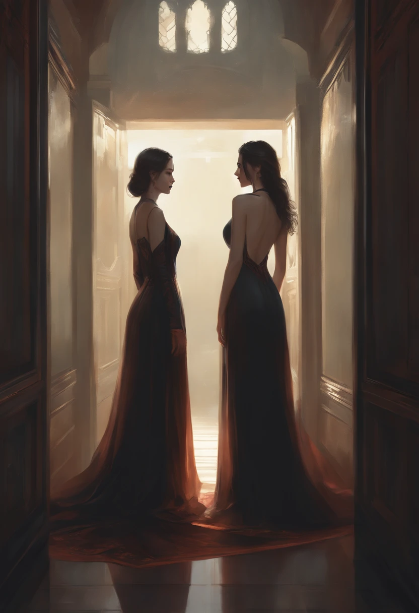 Two women in long dresses stood in a dark corridor, Guviz, Guviz-style artwork, eerie art style, eerie nostalgic concept art, guweiz masterpiece, an ominous fantasy illustration, Guweiz in Pixiv ArtStation, epic tale of the twin sisters, eerie and grim art style, 80shair,Chinese big breasts,terroral