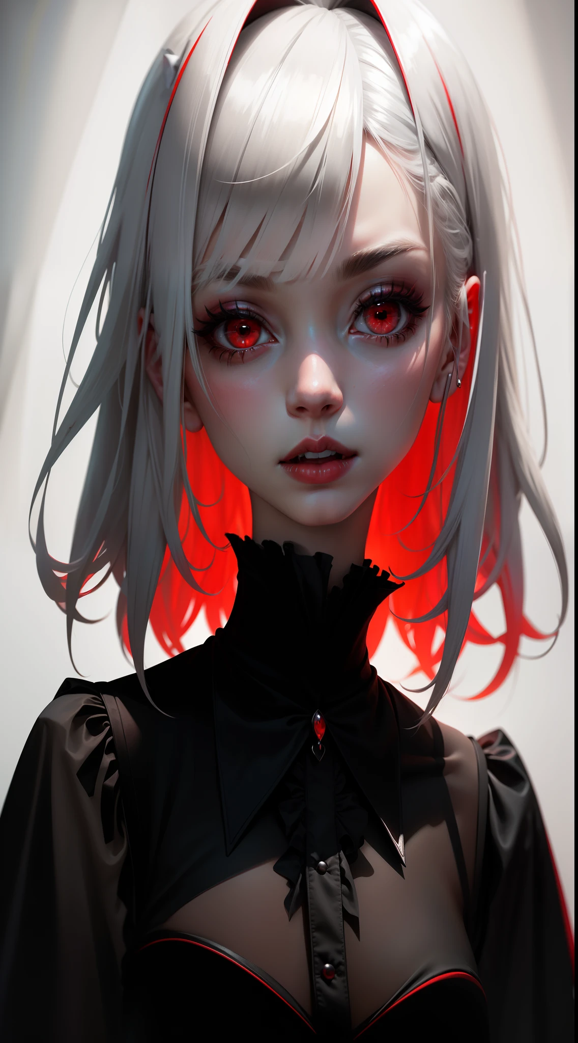 ((masterpiece,best quality)),1girl,beautiful detailed eyes, detailed face, (full body:1.2), white long hair, red eyes,small sized breasts, (black background:1.2), bloody particles, shaded face