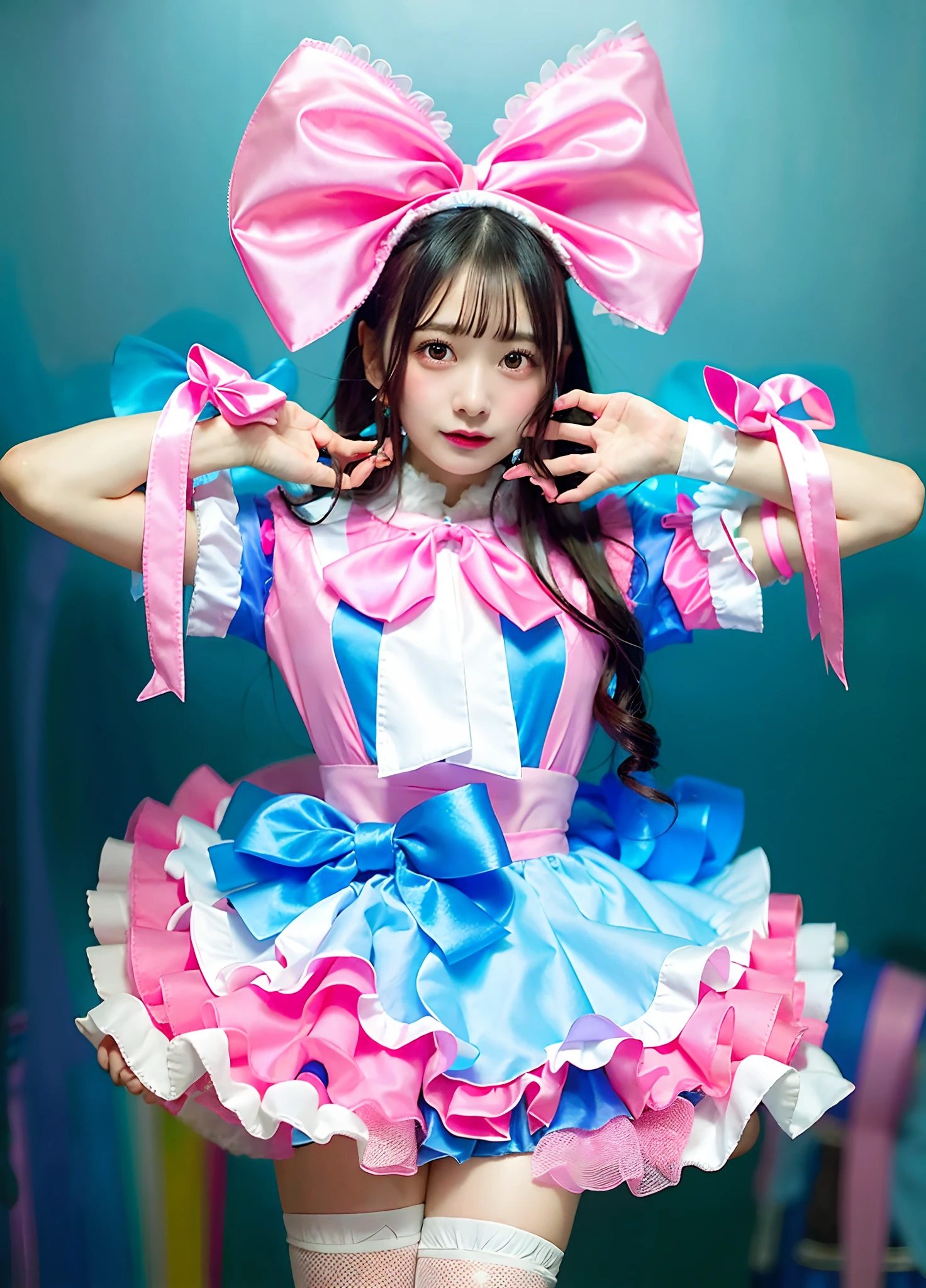 Araffe girl in a pink and blue dress posing for a picture - SeaArt AI