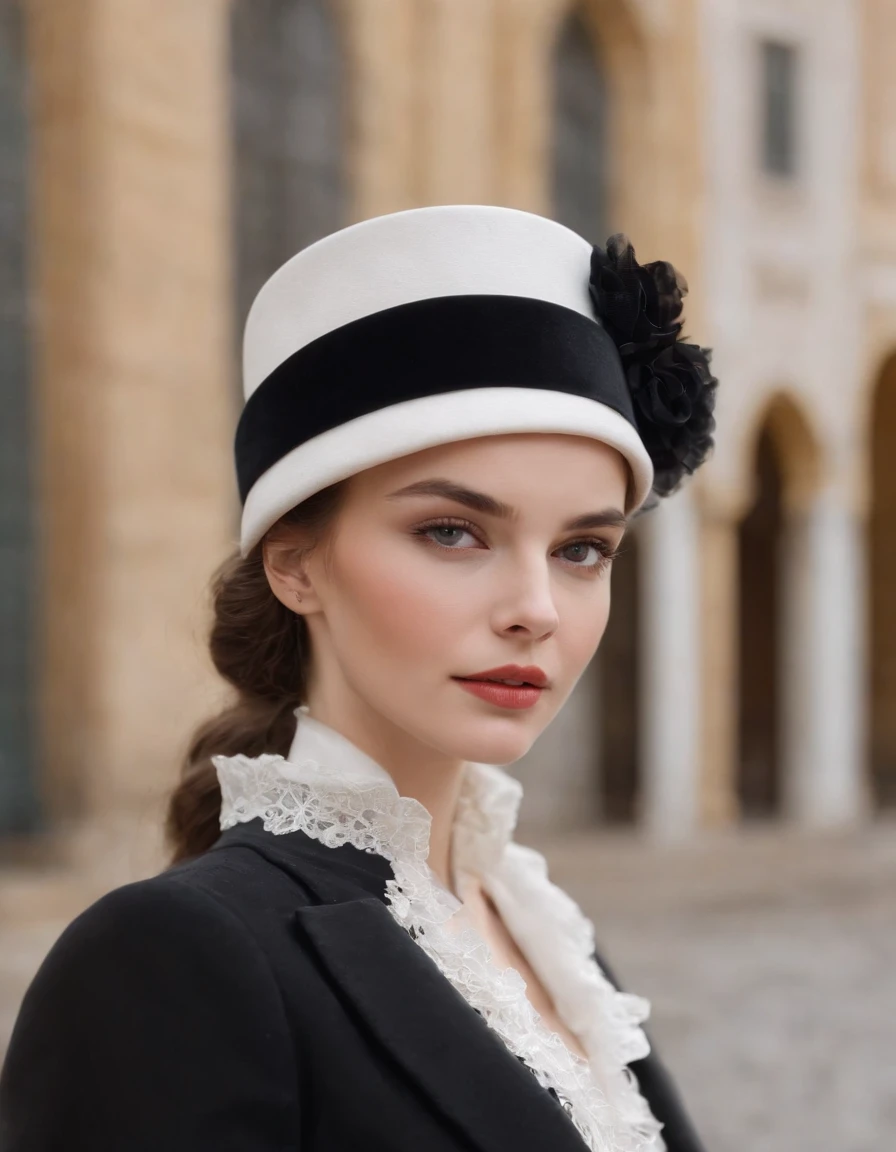 a model wears a black coat and a white hat,beautiful face, in the style of 32k uhd, rococo elegance, vintage-inspired designs, bold curves, ferrania p30, limited color range, magazine cover