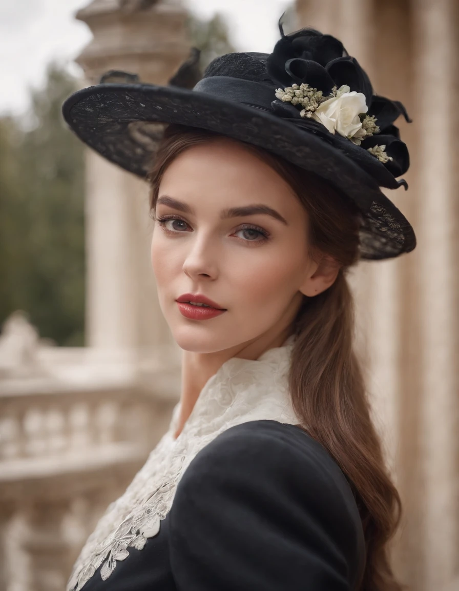 a model wears a black coat and a white hat,beautiful face, in the style of 32k uhd, rococo elegance, vintage-inspired designs, bold curves, ferrania p30, limited color range, magazine cover