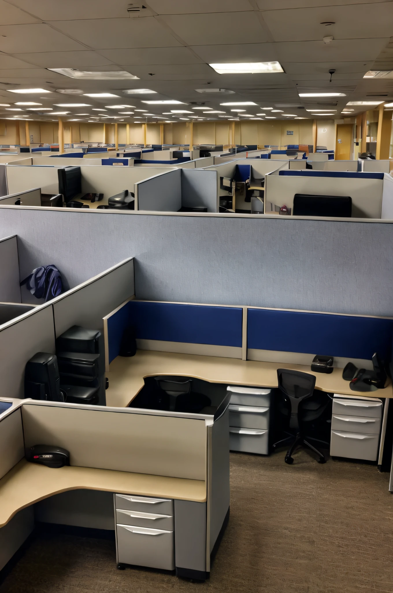 There are many cubicles in the office with computers and desks, Office cubicle background, cubicle, Empty Office, Office Cubicle, s Office, completely empty, Office Background, in an call centre office, Anxiety-inducing back room, A room full of computers, computer generated, an empty backroom at night, Infinite empty office buildings, final render