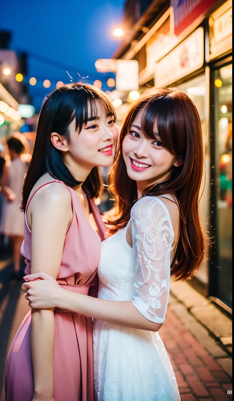 (Nogizaka Girl:1.3),(Fair skin:1),(Perfect body:1),(athlete:1),(:0),(curvy body:1),(Model:1),(Large breasts:1),(incoming kiss:1),(Looking at Viewer:1),(Ultra High Resolution:1.2),(Best Quality:1.2),(masutepiece:1.2),(Realistic:1.2),(photographrealistic:1.2),(Professional Lighting:1),(professional photograpy:1.1),(Perfect Anatomy:1),(Sharp Focus:1),(Highly detailed:1.1),(Intricate details:1),(ultra-detailliert:1),(Raw photo:1),(8K:1),(4K:1),(Blurry background:1)
BREAK
(extremely detailed eyes and face and skin:1)
break
They are all、Wearing an elegant and trendy dress, showcasing their unique styles. The atmosphere is lively、Full of excitement.
The women are posing together, each displaying their individual charm. Some of them are laughing and holding hands, Others taking playful poses or、While kissing the camera. They are surrounded by the dazzling lights and bustling streets of the city at night, with colorful buildings and a vibrant nightlife as the backdrop.
BREAK