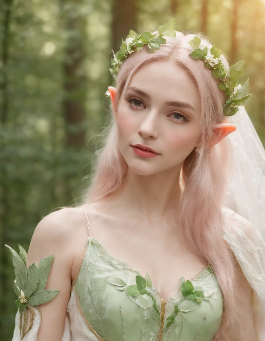 An elf princess in the forest, pointy ears, in the style of light pink and light green, anime aesthetic, detailed costumes, i can't believe how beautiful this is, photo-realistic techniques, birds & flowers, light gold and green，upper body