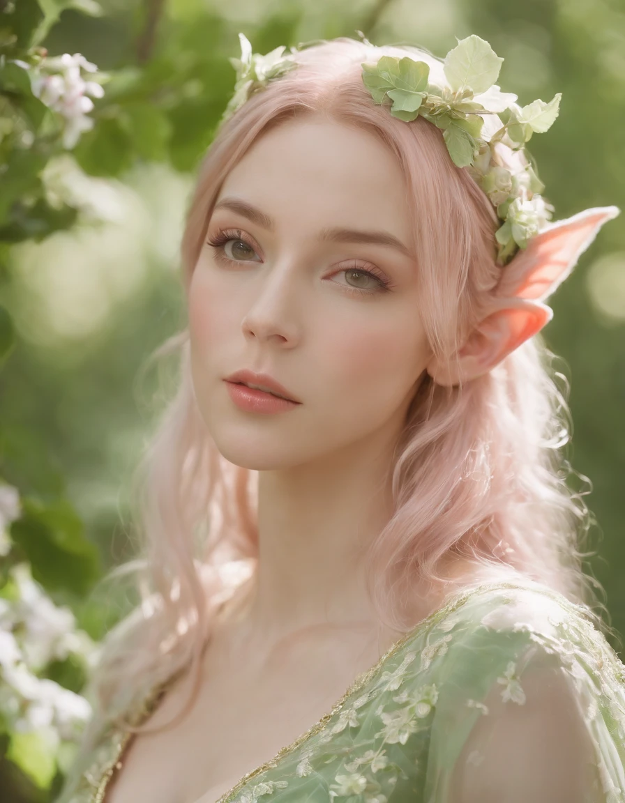 An elf princess in the forest, pointy ears, in the style of light pink and light green, anime aesthetic, detailed costumes, i can't believe how beautiful this is, photo-realistic techniques, birds & flowers, light gold and green,upper body