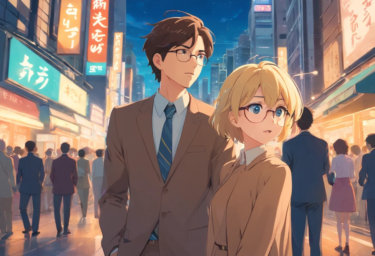 25-year-old man and woman staring in amazement, standing still, Both are surprised, Just the two of them. Woman in brown dress with blonde hair glasses, Dark-haired man without glasses in suit, In the middle of the city.