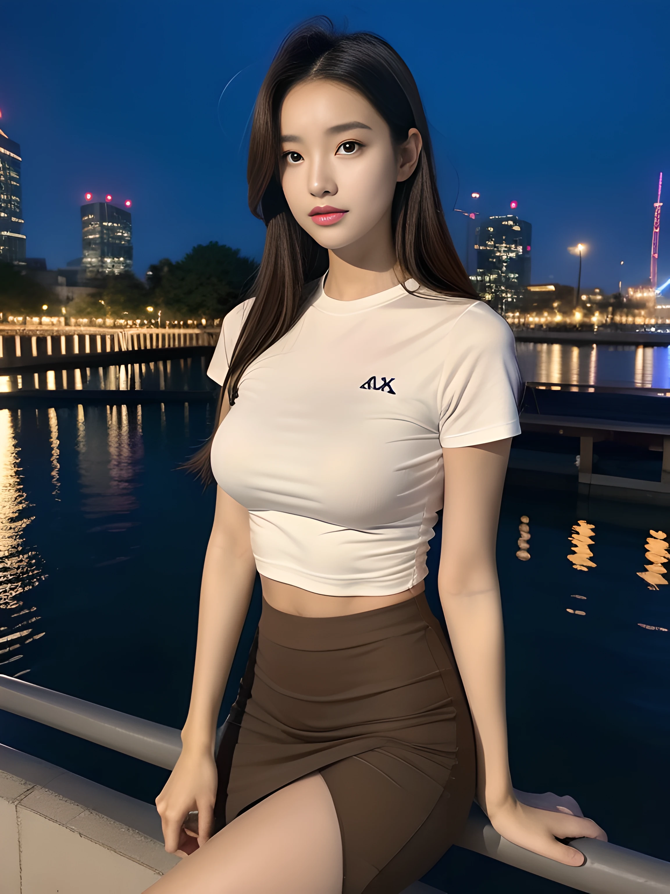 ((midynight, Acura, 8K, tmasterpiece: 1.3)), full bodyesbian, long leges, Focalors: 1.2, perfect figure beautiful woman: 1.4, Slim abs: 1.1, (dark brown hair,: 1.2 )), (Goose yellow skinny T-shirt, short skirt,sitting on a stool: 1.2), (city night scene, the roof: 1.3)), Highly Detailed Face and Skin Textur, detailedeyes, 二重まぶた,
