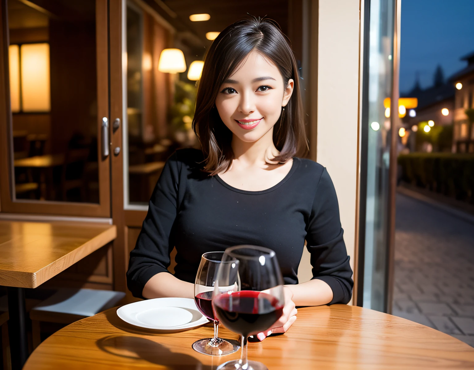 (64K, UHD, top quality, masterpiece: 1.2), (realistic, photorealistic: 1.37), super detailed, pretty woman 1 person, (slim face), (slim body), (brown hair), (short cut), cheeks slightly blushing, (44 years old), 38 years old, solo, beautiful detailed urban night view outside the window, restaurant, wine glasses sit, at night, in a prominent placeNovaFrogStyle, Actress, Model, Waist Up, White Wine, Slim, Wine Glass, Super Clean Night View, Wine Glass Put in the Middle, Happy Smile, (Smile: 1.15), Beautiful Fine Eyes, Upper Body, Bust Japan Up, Night, Short, Short, Actress, Model, Waist Up, White Wine, Slim, Wine Glass, Super Clean Night View, Wine Glass Put in the Middle, Happy Smile,