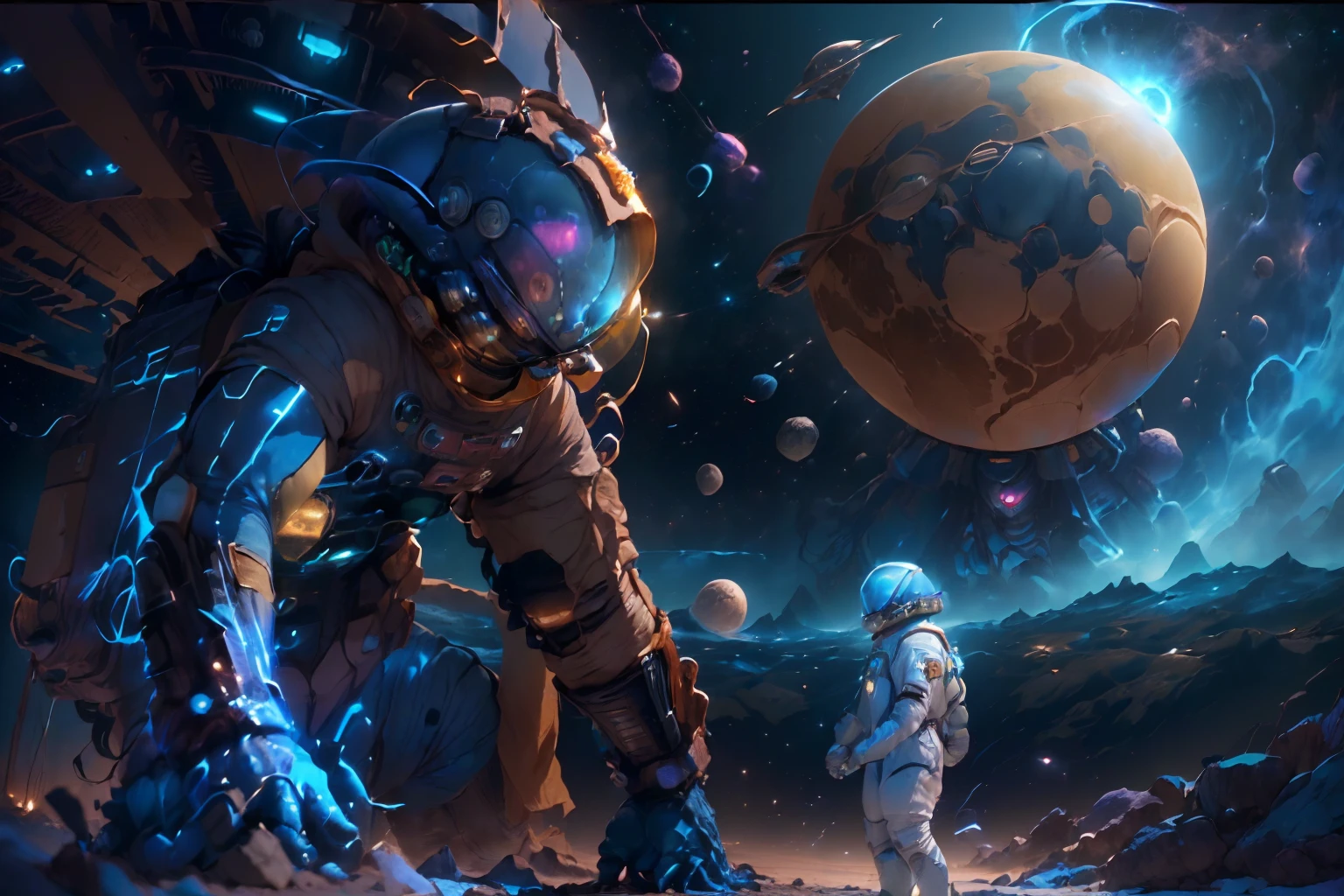 (A human man in a spacesuit shakes hands with a blue alien creature:1.6),(In the background is a mysterious red glowing planet),Breathtaking and magnificent space image scenes.,The scene is highly-detailed,Clarity is extraordinary,Every intricate detail of the panorama is captured,((tmasterpiece)),((best qualtiy)),8K,high detal,((Masterpiece)), (Best quality)),