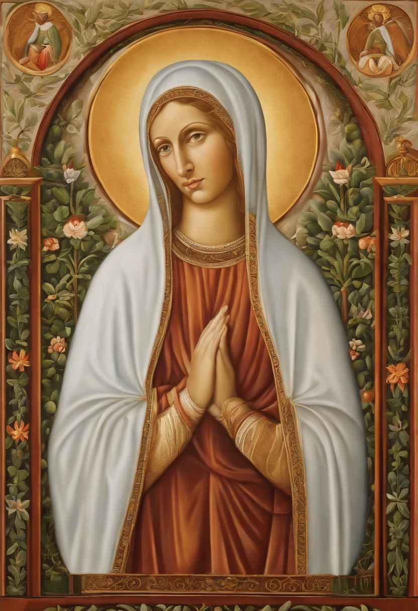Hildegard of Bingen with her graceful and gentle presence stands at the center of the work. Her facial expression exudes wisdom, love and intelligence. Her smiling and joyful eyes are green in color, detailed and full of depth, attracting the viewer with their intensity. The woman's feminine nose adds to her joyful appearance, emphasizing her soft features. Her lips are beautifully sculpted, subtly suggesting a sense of mystery. The focus on her face and the intricate details of her adds a sense of realism to the portrait of her.

The artwork is created using a combination of traditional oil painting techniques and digital rendering, resulting in a visually stunning medium. The rich textures of the brushstrokes and meticulous attention to detail highlight the depth and complexity of the subject.

Around Hildegard, more elements add depth to the composition. In the background, a beautifully landscaped garden showcases lush greenery and vibrant flowers, creating a serene and captivating atmosphere. The artist's attention to detail is reflected in every blade of grass and petal, as well as in the play of light and shadow in the scene.

The overall image quality of the artwork is of the highest standards, aiming to achieve a realistic and photorealistic representation. The use of high-resolution techniques, such as 4K or 8K, ensures that every aspect of the artwork is presented with impeccable clarity and sharpness.

The color palette of the artwork is carefully selected to enhance the overall mood and atmosphere. Soft, natural tones are used to create a harmonious and balanced composition, while vibrant pops of color in the flowers and foliage add visual interest and a pop of vibrancy.

The lighting in the artwork is meticulously crafted to illuminate the subject and highlight its features. The use of studio lighting techniques ensures that the man's face is expertly illuminated, with the play of light and shadow accentuating his strong contours and creating a sense of