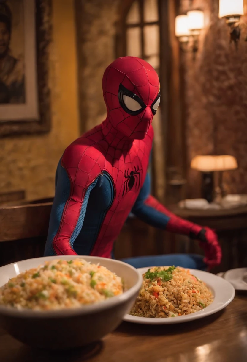 Cinematographer, ultra realista, Ropa detallada, Bellamente detallado, UHD, HDR, Altas Resoluciones, ultra detallado, Detalles intrincados, Efectos texturales, absurdos, obra maestra, 8k:1.2. En esta imagen, vemos a Spider-Man en un inusual descanso de sus actividades heroicas. He's standing in a chic Asian restaurant in his iconic costume............................. Spider-Man holds a bowl of Chinese fried rice mixed with oriental stir-fried noodles in his hands skillfully.., usando unos elegantes palillos chinos para llevar un bocado a su boca. The plate is full of fried rice, salteado. The restaurant is decorated with traditional Chinese elements, como linternas rojas colgando del techo y dragones dorados esculpidos en las paredes. The dim light of the lanterns creates a warm and welcoming atmosphere in the place.