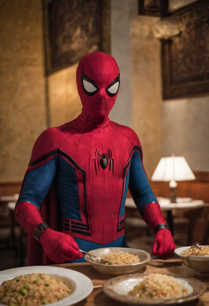Cinematographer, ultra realista, Ropa detallada, Bellamente detallado, UHD, HDR, Altas Resoluciones, ultra detallado, Detalles intrincados, Efectos texturales, absurdos, obra maestra, 8k:1.2. En esta imagen, vemos a Spider-Man en un inusual descanso de sus actividades heroicas. He's standing in a chic Asian restaurant in his iconic costume............................. Spider-Man holds a bowl of Chinese fried rice mixed with oriental stir-fried noodles in his hands skillfully.., usando unos elegantes palillos chinos para llevar un bocado a su boca. The plate is full of fried rice, salteado. The restaurant is decorated with traditional Chinese elements, como linternas rojas colgando del techo y dragones dorados esculpidos en las paredes. The dim light of the lanterns creates a warm and welcoming atmosphere in the place.