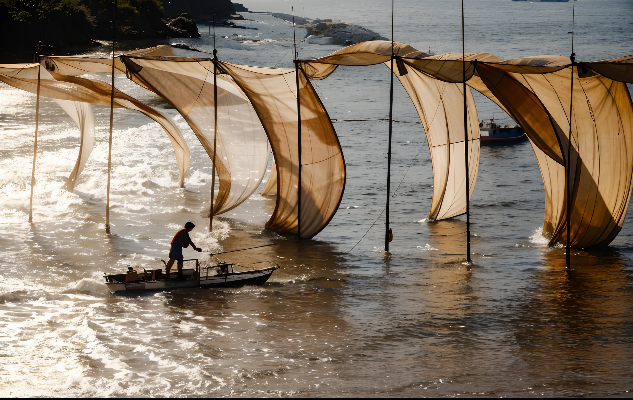 setting sun，the sea，That sea in my heart，Kasumigaura scenery，cage，Fishermen and fishing boats，On the lower left, 2 people pull the net high