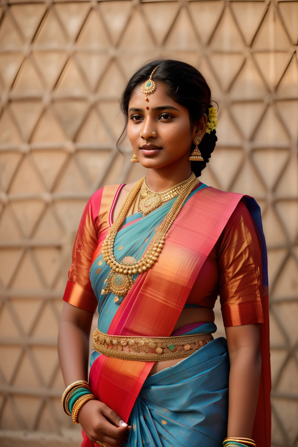 young Indian girl, 18-year-old, gentle sun lighting on face , firm boobs, big breast, wearing low waist saree, wide background, full body photo, village , Ugly Slum, , village girl vibe, intricate facial details, full body picture,pose flawless complexion, top-notch 3D rendering, hyper-realistic, shot on Indian road. photorealistic digital art trending on Artstation 8k HD high definition detailed realistic, detailed, skin texture, hyper detailed, realistic skin high resolution, detailed, raw photo, 400 camera f1.6 lens rich colors hyper realistic lifelike texture