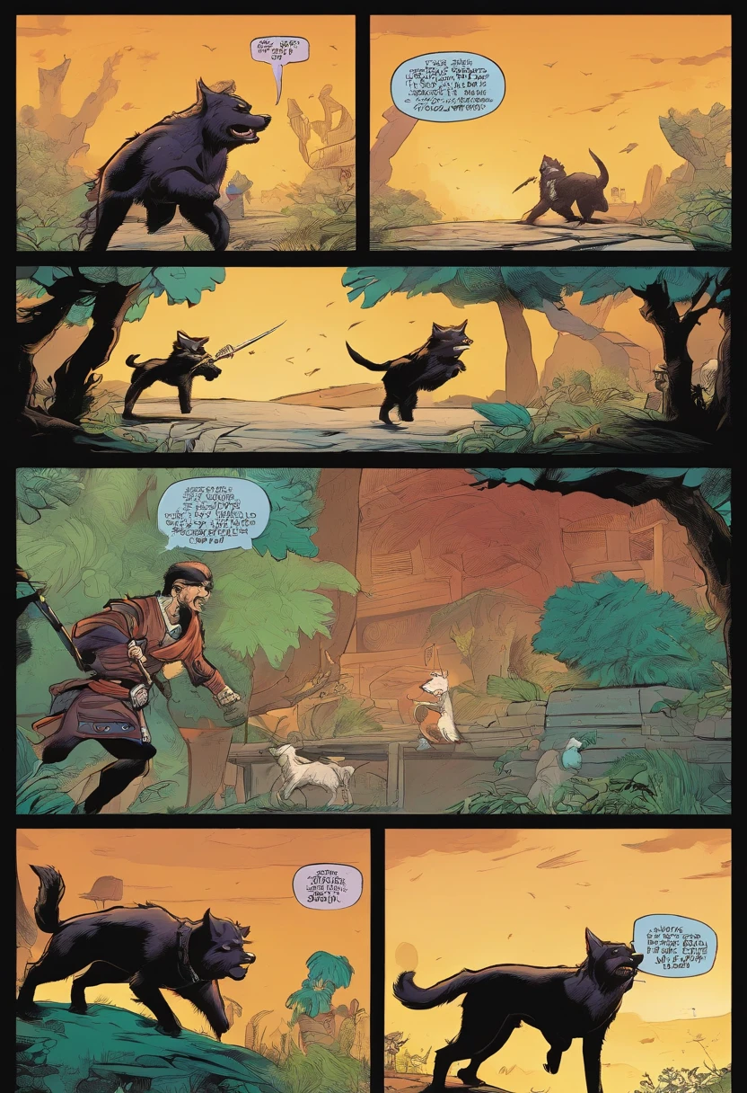 Gata ninja lutando contra um cachorro guerreiro dentro de uma rinha de briga,Quadrinhos americanos, The comic is presented in several irregular panels with colors. The style is exaggerated and detailed