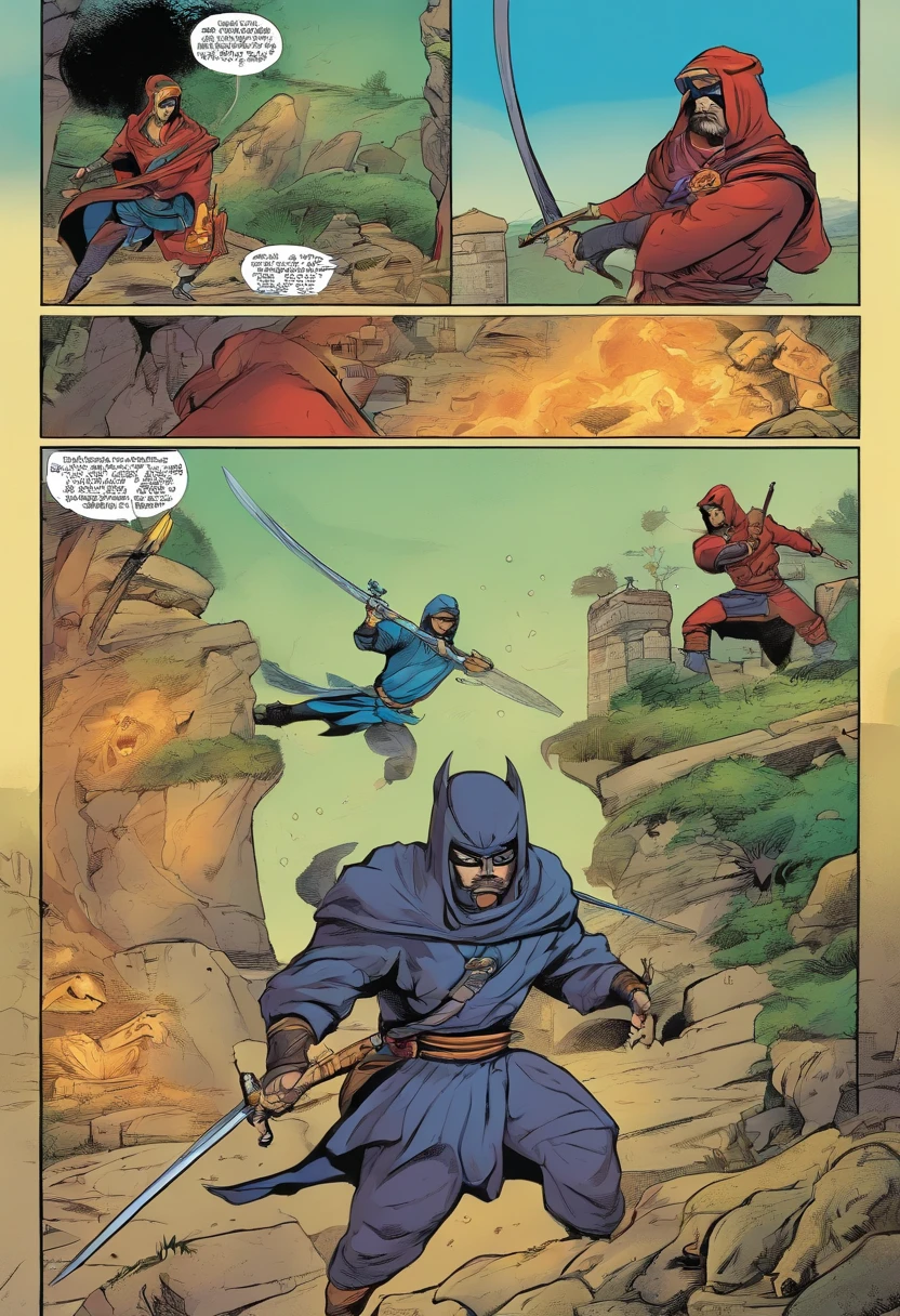 Gata ninja lutando contra um cachorro guerreiro dentro de uma rinha de briga,Quadrinhos americanos, The comic is presented in several irregular panels with colors. The style is exaggerated and detailed