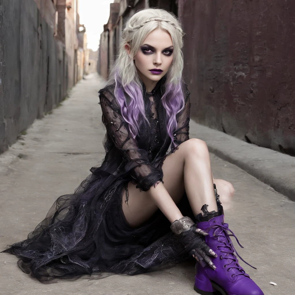 a Preteen fairy goth Mila Kunis sitting on the floor in an alley, pale skin, long blonde hair, looking messy, dripping makup with a bottle of wine in hand, wearing purple punk boots, Girl with gothic net symbolic clothes, 。.com (Barbed wire of the body) brunette color hair,Gray hair ends