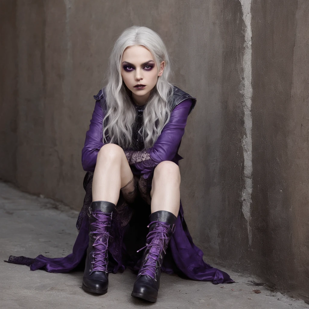 a Preteen fairy goth Mila Kunis sitting on the floor in an alley, pale skin, long blonde hair, looking messy, dripping makup with a bottle of wine in hand, wearing purple punk boots, Girl with gothic net symbolic clothes, 。.com (Barbed wire of the body) brunette color hair，Gray hair ends