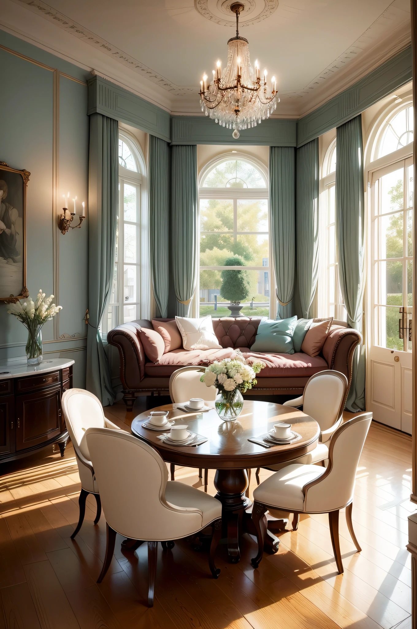 Living room layout:This French living room is spacious and sophisticated,Full of romantic and classical atmosphere。There is a fine marble round table in the center of the room,On it were placed vases and some delicate porcelain。It is surrounded by Victorian furniture,Such as a sofa、Armchair and coffee table,All are fine antiques。
Decorative style: The walls are decorated with elaborate French frescoes and frames,Give the room an artistic atmosphere。The ceiling has exquisite floral ornaments and crystal chandeliers,Casts a soft light,Illuminate the entire room。
Color and material: The main colors of the room are light blue and cream,Creates a fresh and elegant atmosphere。The furniture and wooden floors are made of dark wood,Contrast with the pale walls。Silk and suede materials are used on the fabric,Adds to the luxurious feeling of the room。
Curtains and windows:The tall windows are hung with ornate carved curtains,They can be pulled apart,Let sunlight flood the room,It can also be turned off,Keep it private。Outside the window is a well-manicured French garden,Picturesque view。
Detail decoration:The interior is full of small French ornaments,Such as small sculptures、chinaware、Candle holders and vases,All exude classical charm。
Ambient: This French living room creates warmth、Romantic and cozy atmosphere,It's casual reading、The perfect place to enjoy a good meal or spend time with friends。