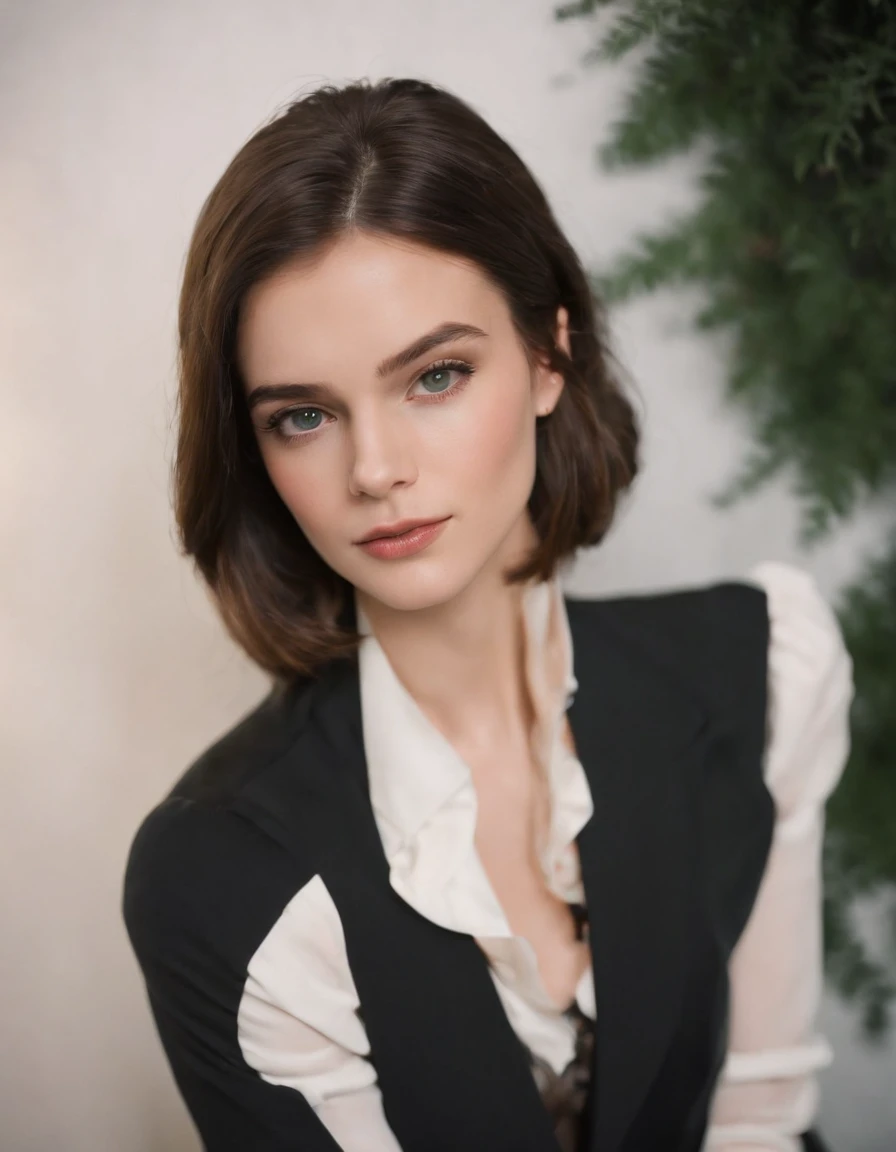 Cassady McClincy, 18 anos , com cabelo long bob PRETO, olhos verdes vivos e puxados, dress in white suit and DISCREET tailoring pants and rich pose WITH ARMS CROSSED, cabelos longos castanhos，upper body