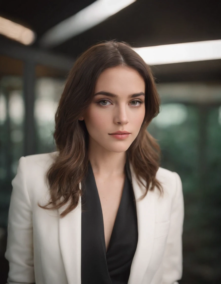 Cassady McClincy, 18 anos , com cabelo long bob PRETO, olhos verdes vivos e puxados, dress in white suit and DISCREET tailoring pants and rich pose WITH ARMS CROSSED, cabelos longos castanhos,upper body