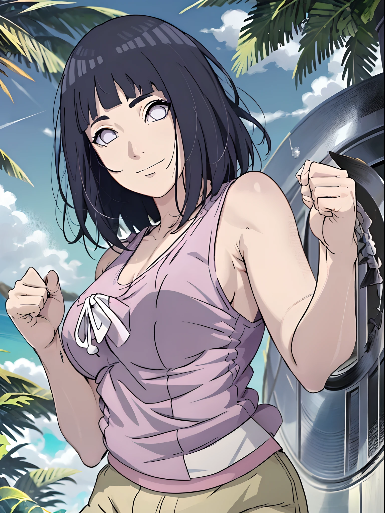 wind effect, flexing arm muscles, cloud background, anime style, cute , beautiful mother, nice body, soft body, long belly, (hinata\(boruto\), (female wrestler), (slender body), mature woman , broad shoulders, off-shoulders, (transparent bikini, white bikini only, pro wrestling outfit, bangles), smile, closed mouth, pale skin, cute, smile, (dark blue hair color:1.1), wavy hair, floating hair, ((short hair, hime cut, loose hair), big breasts, (only one arm stretching), long belly, (closed fists), , (perfect eyes, white sciera, bright eyes, white eyes, anime eyes)