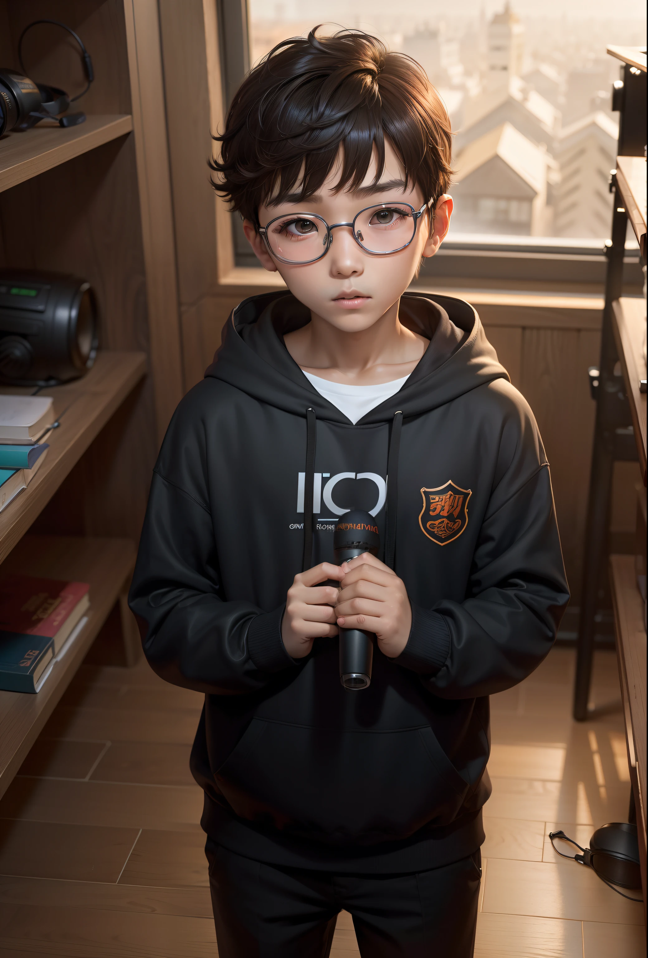 an award-winning shot of a boy kid Lee Joon-gi age 8 year old a storyteller wear big nerd eyewear,hoodie, brunette,big large headphone,mic podcast, talking into the microphone,cat in smoke