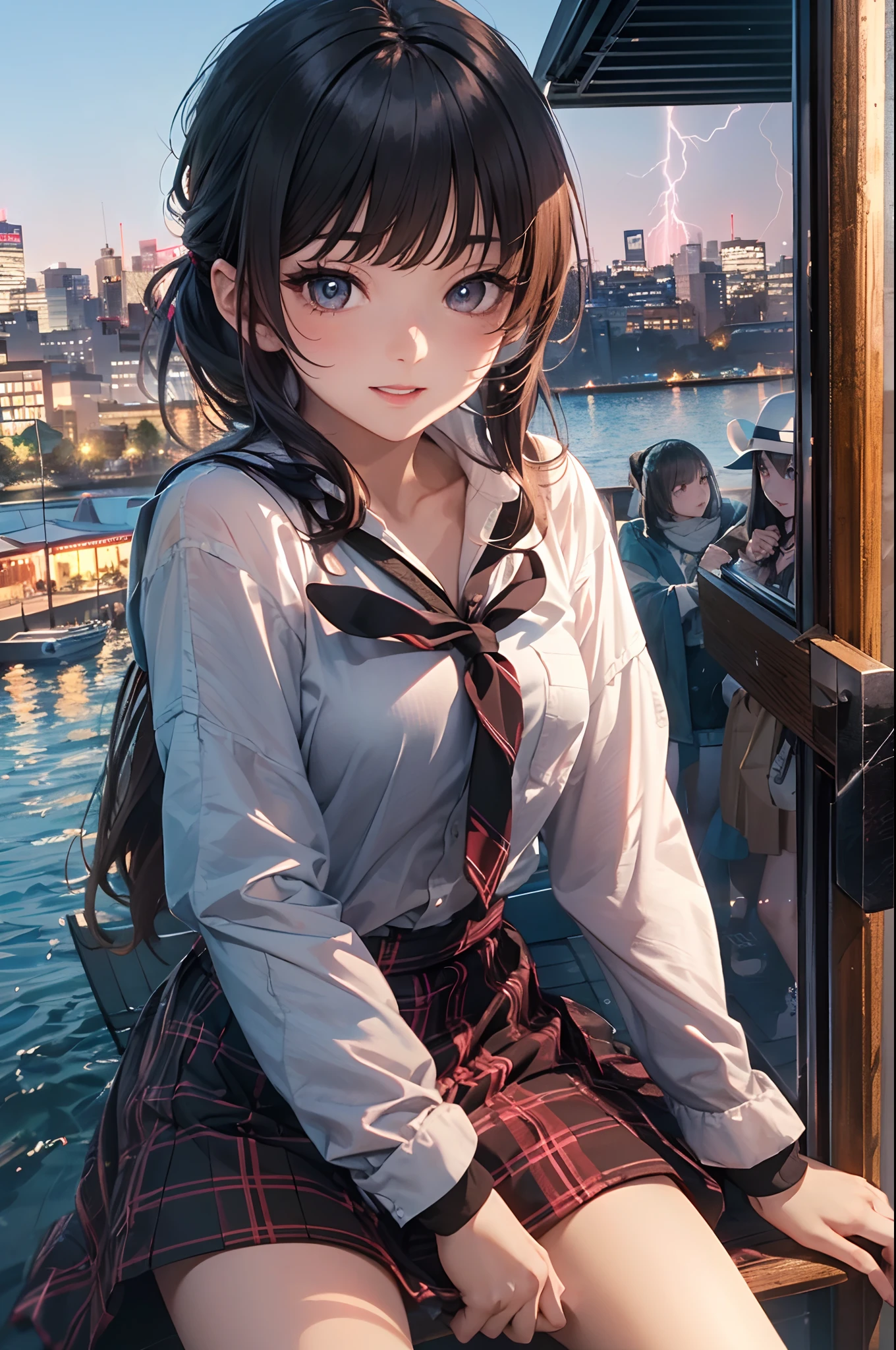 (extremely details CG、Unity、8K Wallpapers)、(extremely delicate and beautiful)、(​masterpiece)、(top-quality:1.0)、(超A high resolution:1.0)、beautiful  lighting、perfect lightning bolt、realistic shadow、[hight resolution]、Detailed skin、ultra-detailliert、detailed faces and eyes、Realistic eyes、Sharp pupils、cowboy  shot,  (Vibrant city skyline reflected on the tranquil waterfront:1.4)、Evening glow、beauitful face、blurry backround、16-year-old beautiful girl、shinny skin、poneyTail、Beautiful black hair、Blunt bangs、eyes are brown、student clothes、Plaid miniskirt、knee sox、Black socks、Curve、Smile with open mouth