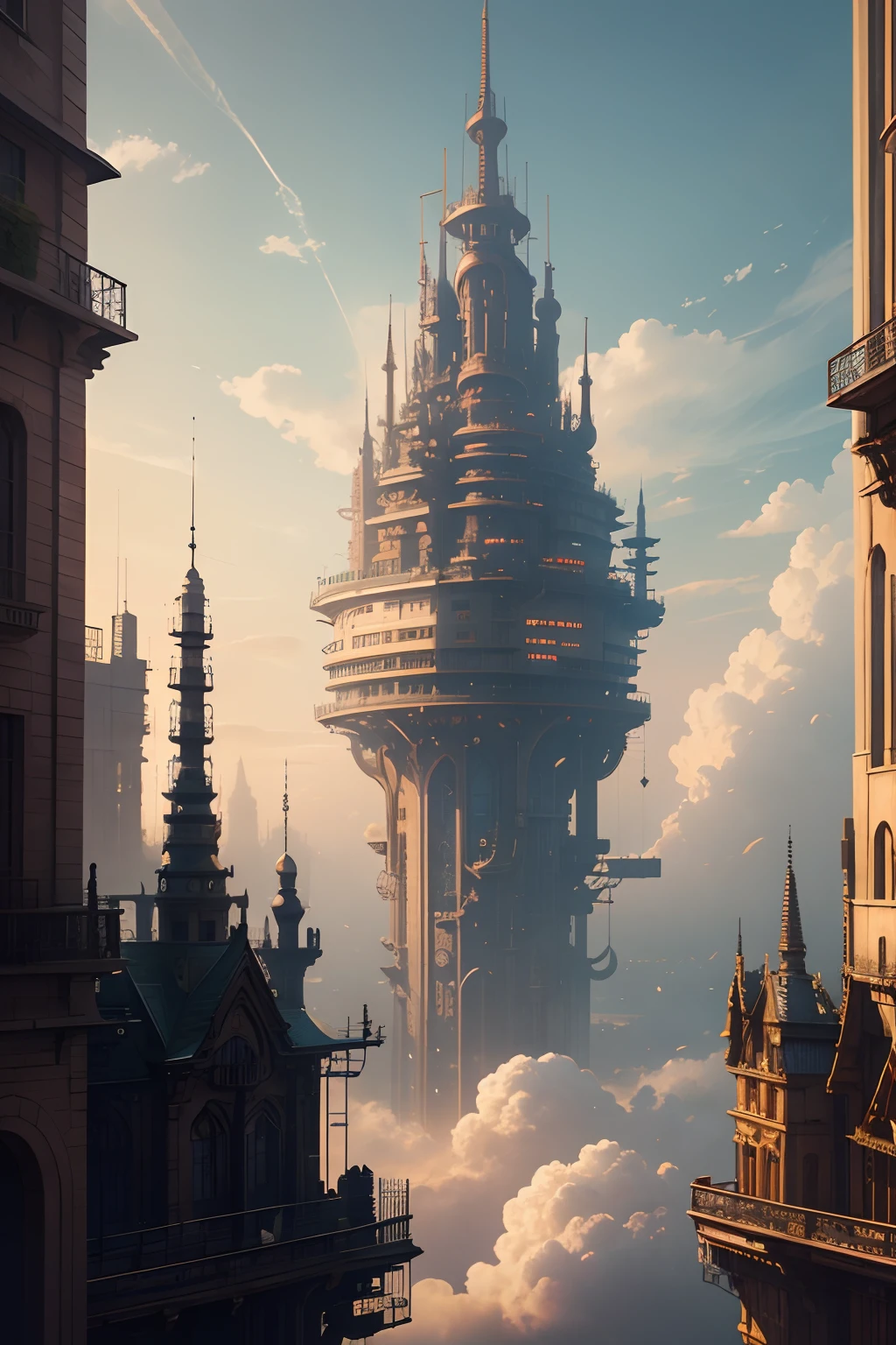 super detail, high details, high quality, 8k, Miyazaki style, a steampunk-style city floating in the sky, clouds and diverse architecture, exuding mystery and technology --v 6