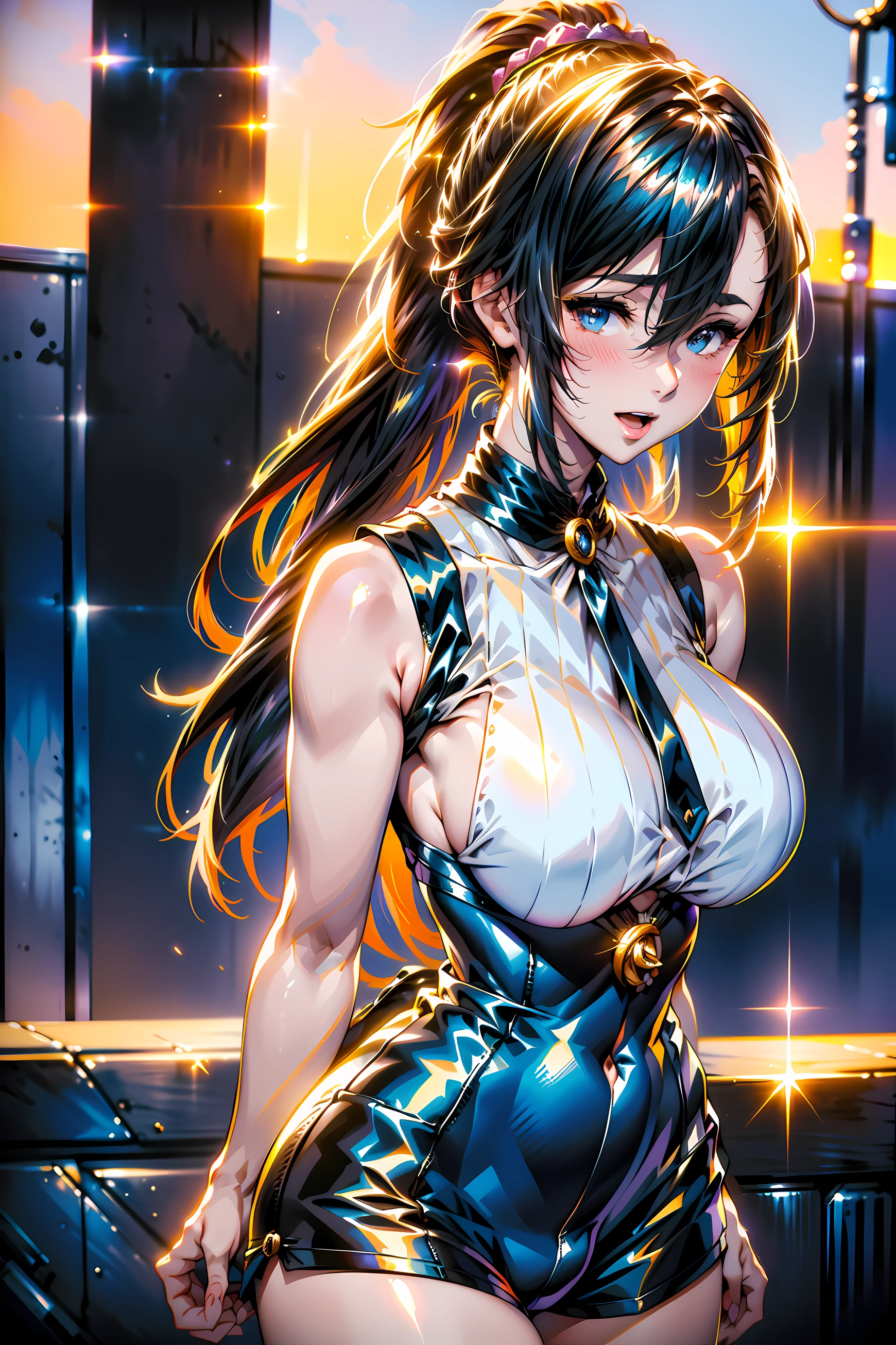 (1girl:1.3, solo), (bikini model), (upper body:1.3), (standing at shibuya street, photo session:1.3), (((starring at the viewer:1.5))), (arms behind back:1.3), (random posing:1.3), BREAK, 1girl, solo, milf, European girl, hot model, (attractive model:1.37), (promotional model:1.2), highly detailed eyes and pupils, realistic skin, ((attractive body, gigantic breast:1.38, sagging breast:1.8, disproportionate breasts:1.38, thin waist:1.15)), ((bobble ponytail:1.3), (shiny-black hair:1.3), extremely detailed hair, delicate sexy face, sensual gaze, shiny lips, BREAK, (orange high-neck sleeveless sweater:1.3), (black high-waist shorts:1.3), ((pin-heels:1.3), detailed clothes, BREAK, (blurry background:1.25, simple background, no-human background, detailed background), (under sunset:1.37), BREAK, (attractive posing), ((realistic, super realistic, realism, realistic detail)), perfect anatomy, perfect proportion, bokeh, depth of field, hyper sharp image, (attractive emotion, seductive smile:1.2, happy:1.2, blush:1.2, :d:1.2, :p:1.2), 4fingers and thumb, perfect human hands, wind, BREAK, (Masterpiece, best quality, photorealistic, highres, photography, :1.3), ultra-detailed, sharp focus, professional photo, commercial photo,