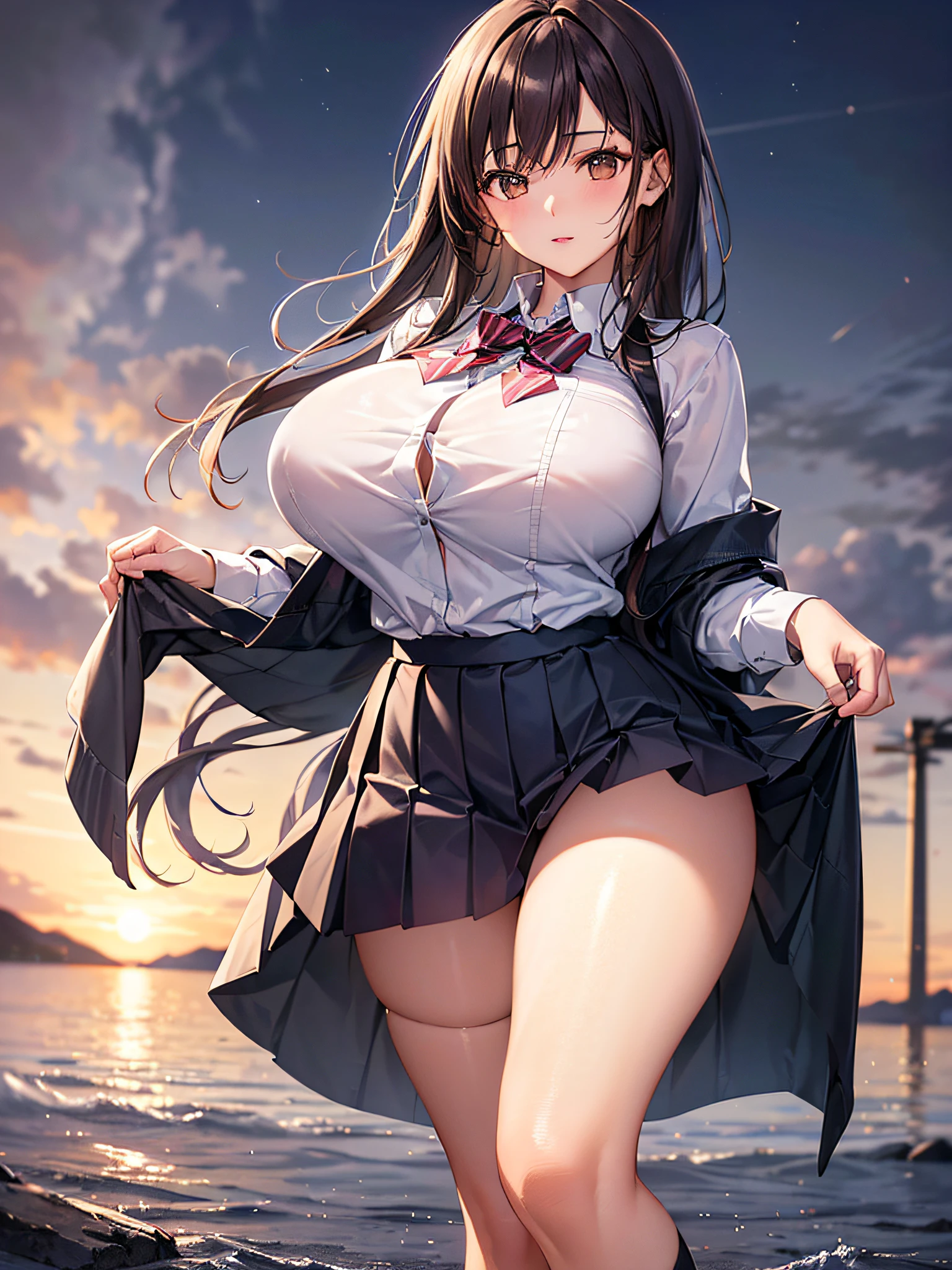(2young girls), (best quality), (ultra-detailed), (detailed light), (an extremely delicate and beautiful), brown hair, brown eyes, model, (Beautiful big breasts:1.3), bare shoulders, (bare breasts:1.2), (hi-school uniform, pleated skirt:1.3), (hi-school uniform with wide open breasts:1.4), best quality, extremely detailed CG unified 8k wallpaper, High-definition raw color photos, professional photography, (((Bokeh))), depth of fields, beach, sea, twilight, sunset,