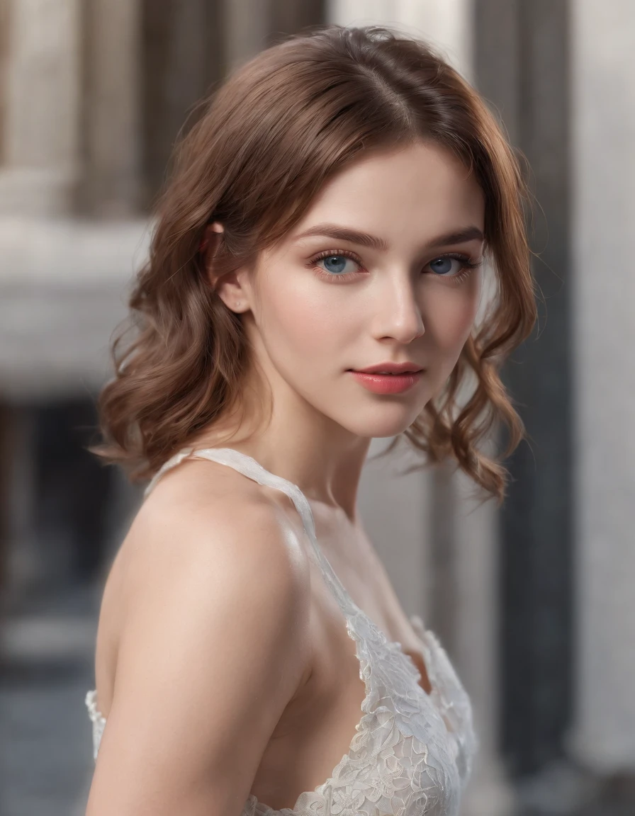 (RAW, analogue, Nikon Z 14mm ultra-wide angle lens, award-winning glamour photograph, ((best quality)), ((masterpiece)), ((realistic)), skin pores, subsurface scattering, radiant light rays, high-res, detailed facial features, high detail, sharp focus, smooth, aesthetic, extremely detailed, (extremely detailed eyes, extremely detailed iris), extremely detailed hair, extremely detailed skin, extremely detailed clothes, octane render, photorealistic, realistic, post-processing, max detail, realistic shadows, roughness, natural skin texture, real life, ultra-realistic, photorealism, photography, 8k UHD, photography, hdr, intricate, elegant, highly detailed, sharp focus, stunning, beautiful, gorgeous), (masterpiece:1.2, best quality1:1, ultra-detailed:1.2, best shadow, 8k:1.1), (massive city:1.3, rooftop:1.1, city structures below, handrails), (contrasting background, bright background), (beautiful detailed face), high contrast, (perfect illumination:1.2, beautiful color, delicate color), ((cinematic light)), colorful, hyper detail, dramatic light, intricate details, (1 girl, solo, brown hair, smiling face, short hair, wavy hair:1.1, blue eyes, dynamic angle, white tanktop, cowboy shot, arms down), depth of field