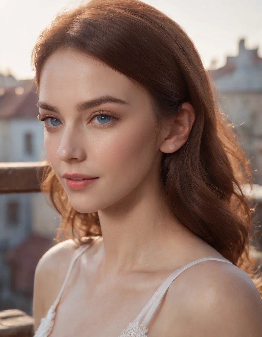 (RAW, analogue, Nikon Z 14mm ultra-wide angle lens, award-winning glamour photograph, ((best quality)), ((masterpiece)), ((realistic)), skin pores, subsurface scattering, radiant light rays, high-res, detailed facial features, high detail, sharp focus, smooth, aesthetic, extremely detailed, (extremely detailed eyes, extremely detailed iris), extremely detailed hair, extremely detailed skin, extremely detailed clothes, octane render, photorealistic, realistic, post-processing, max detail, realistic shadows, roughness, natural skin texture, real life, ultra-realistic, photorealism, photography, 8k UHD, photography, hdr, intricate, elegant, highly detailed, sharp focus, stunning, beautiful, gorgeous), (masterpiece:1.2, best quality1:1, ultra-detailed:1.2, best shadow, 8k:1.1), (massive city:1.3, rooftop:1.1, city structures below, handrails), (contrasting background, bright background), (beautiful detailed face), high contrast, (perfect illumination:1.2, beautiful color, delicate color), ((cinematic light)), colorful, hyper detail, dramatic light, intricate details, (1 girl, solo, brown hair, smiling face, short hair, wavy hair:1.1, blue eyes, dynamic angle, white tanktop, jeans, cowboy shot, arms down), depth of field