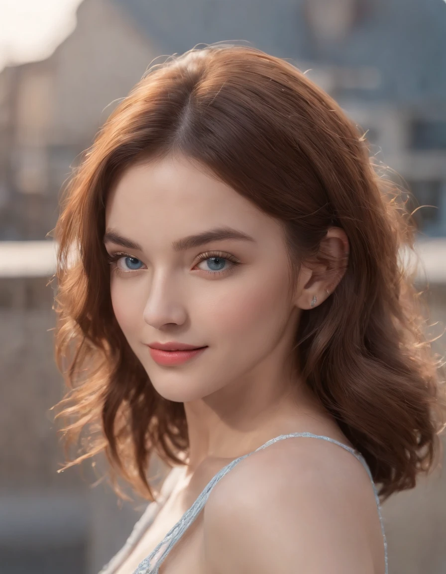 (RAW, analogue, Nikon Z 14mm ultra-wide angle lens, award-winning glamour photograph, ((best quality)), ((masterpiece)), ((realistic)), skin pores, subsurface scattering, radiant light rays, high-res, detailed facial features, high detail, sharp focus, smooth, aesthetic, extremely detailed, (extremely detailed eyes, extremely detailed iris), extremely detailed hair, extremely detailed skin, extremely detailed clothes, octane render, photorealistic, realistic, post-processing, max detail, realistic shadows, roughness, natural skin texture, real life, ultra-realistic, photorealism, photography, 8k UHD, photography, hdr, intricate, elegant, highly detailed, sharp focus, stunning, beautiful, gorgeous), (masterpiece:1.2, best quality1:1, ultra-detailed:1.2, best shadow, 8k:1.1), (massive city:1.3, rooftop:1.1, city structures below, handrails), (contrasting background, bright background), (beautiful detailed face), high contrast, (perfect illumination:1.2, beautiful color, delicate color), ((cinematic light)), colorful, hyper detail, dramatic light, intricate details, (1 girl, solo, brown hair, smiling face, short hair, wavy hair:1.1, blue eyes, dynamic angle, white tanktop, jeans, cowboy shot, arms down), depth of field