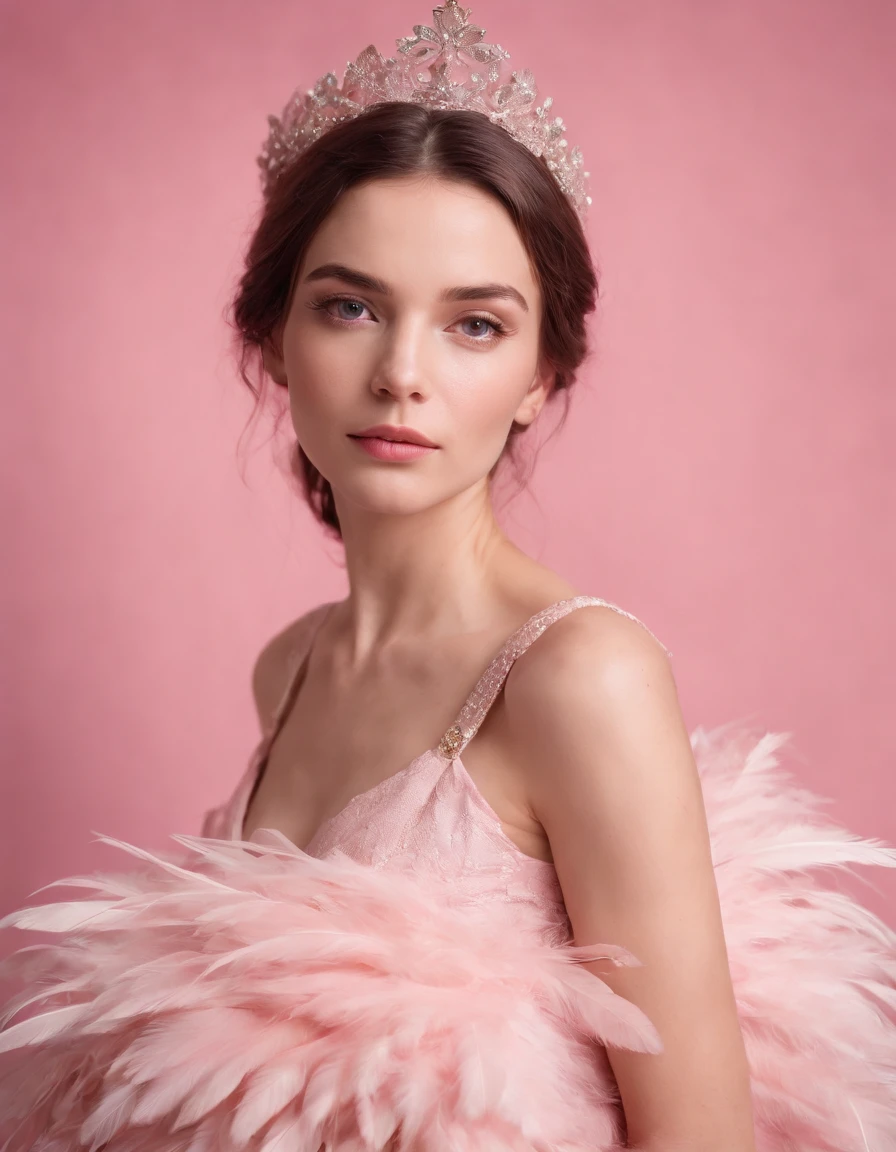 Beautiful girl wearing pink dress, pink background, style made of feathers, futuristic victorian era, collage style layered, focus stacking, layered form, textured fabric, oversized object, in rose from inside, era Magazine photography, (upper body)