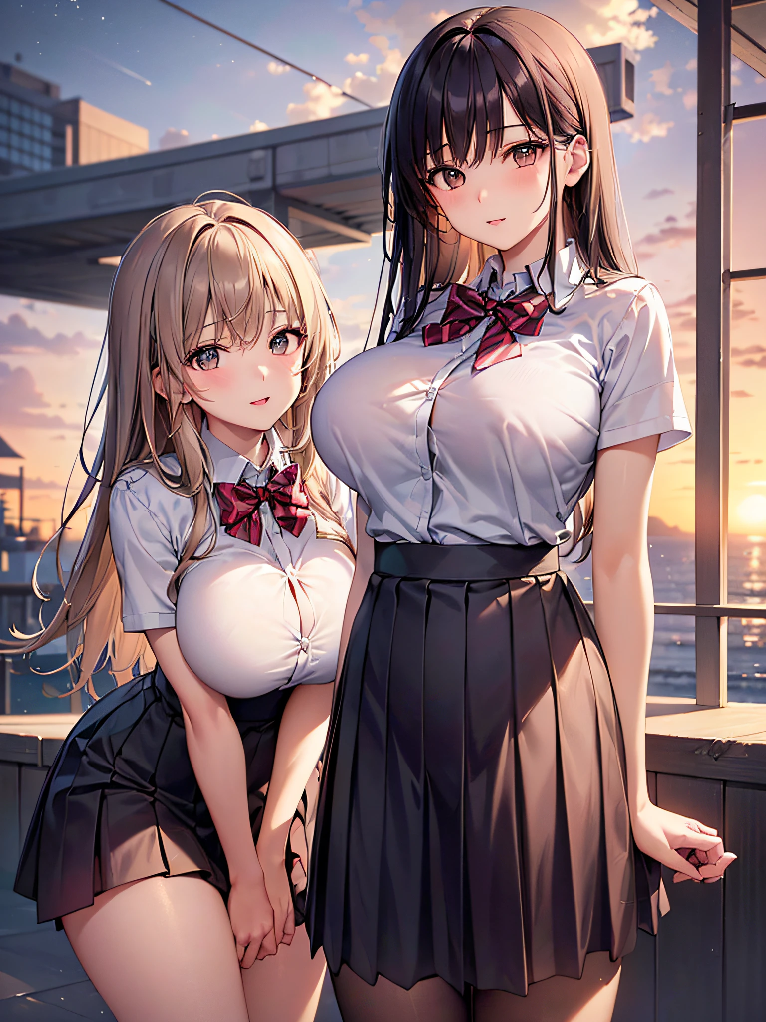 (2young girls), (best quality), (ultra-detailed), (detailed light), (an extremely delicate and beautiful), brown hair, brown eyes, model, (Beautiful big breasts:1.3), bare shoulders, (bare breasts:1.2), (hi-school uniform, pleated skirt:1.3), (hi-school uniform with wide open breasts:1.4), best quality, extremely detailed CG unified 8k wallpaper, High-definition raw color photos, professional photography, (((Bokeh))), depth of fields, beach, sea, twilight, sunset,